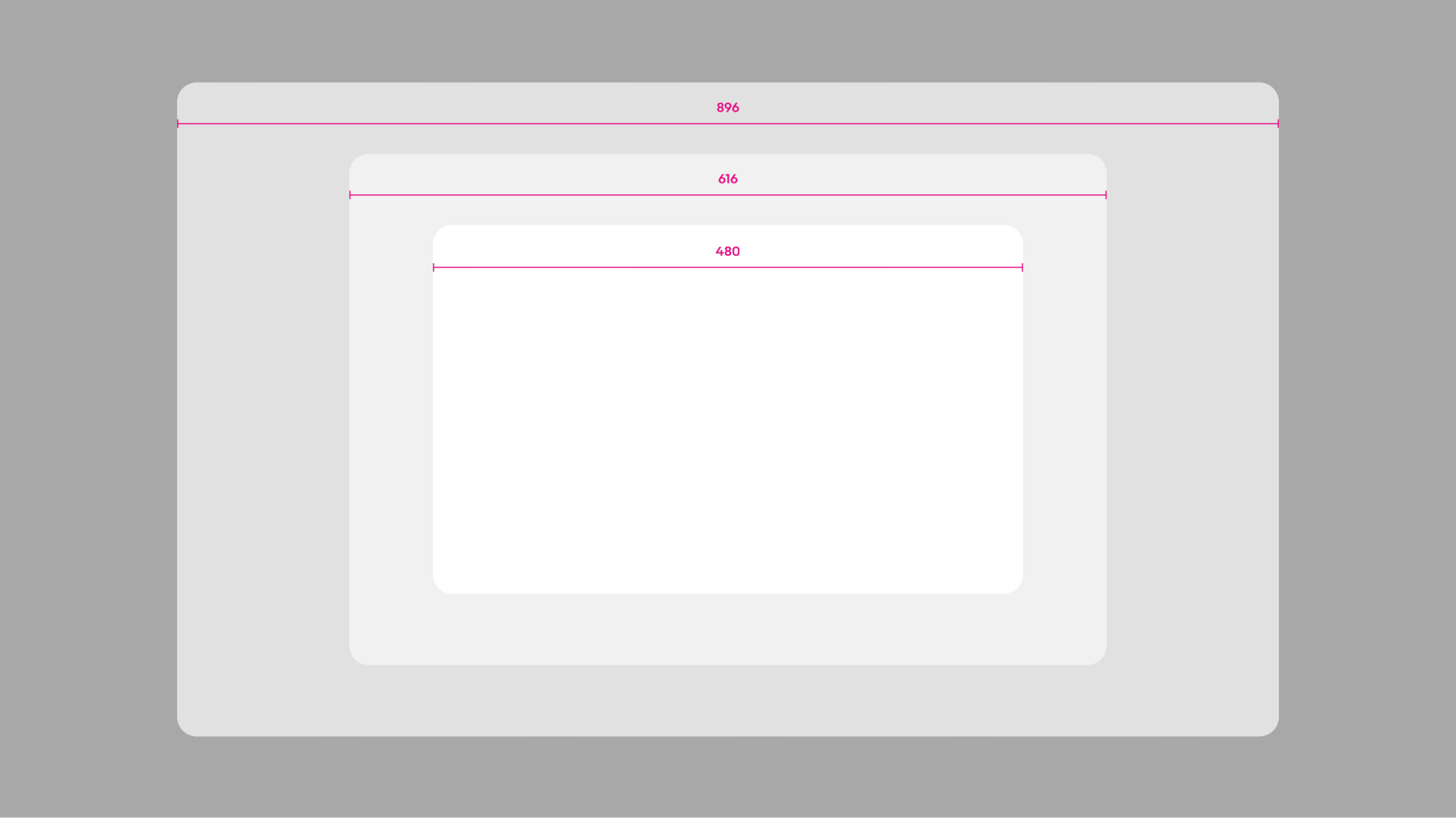 3 dialog container examples overlayed over each other showing the 3 width available of narrow, regular, and wide.