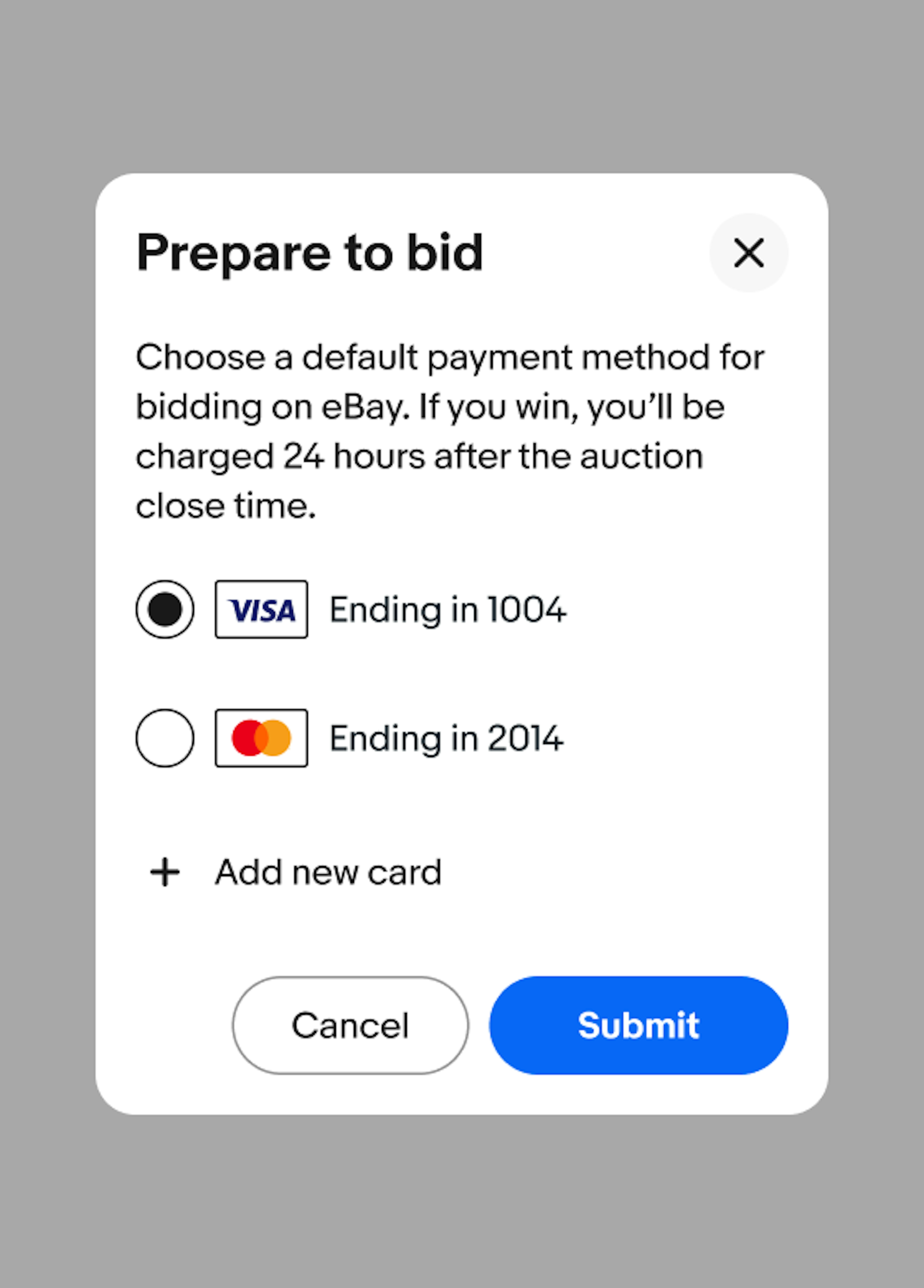 Task dialog with two buttons in the footer container and a radio button group to select a payment method in the content container.