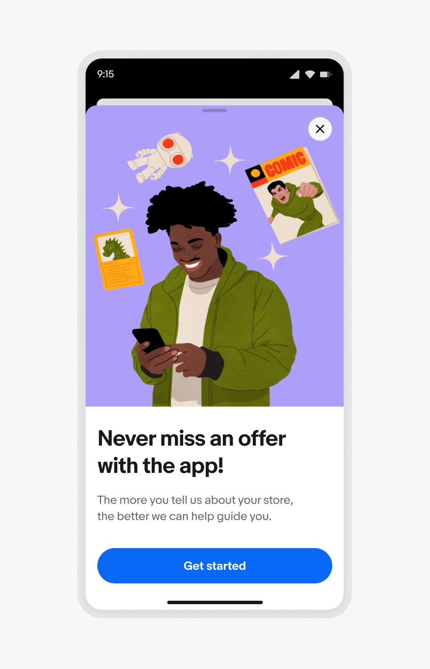 Full screen overlay on a compact iOS device with an illustration image, title, description, and button.