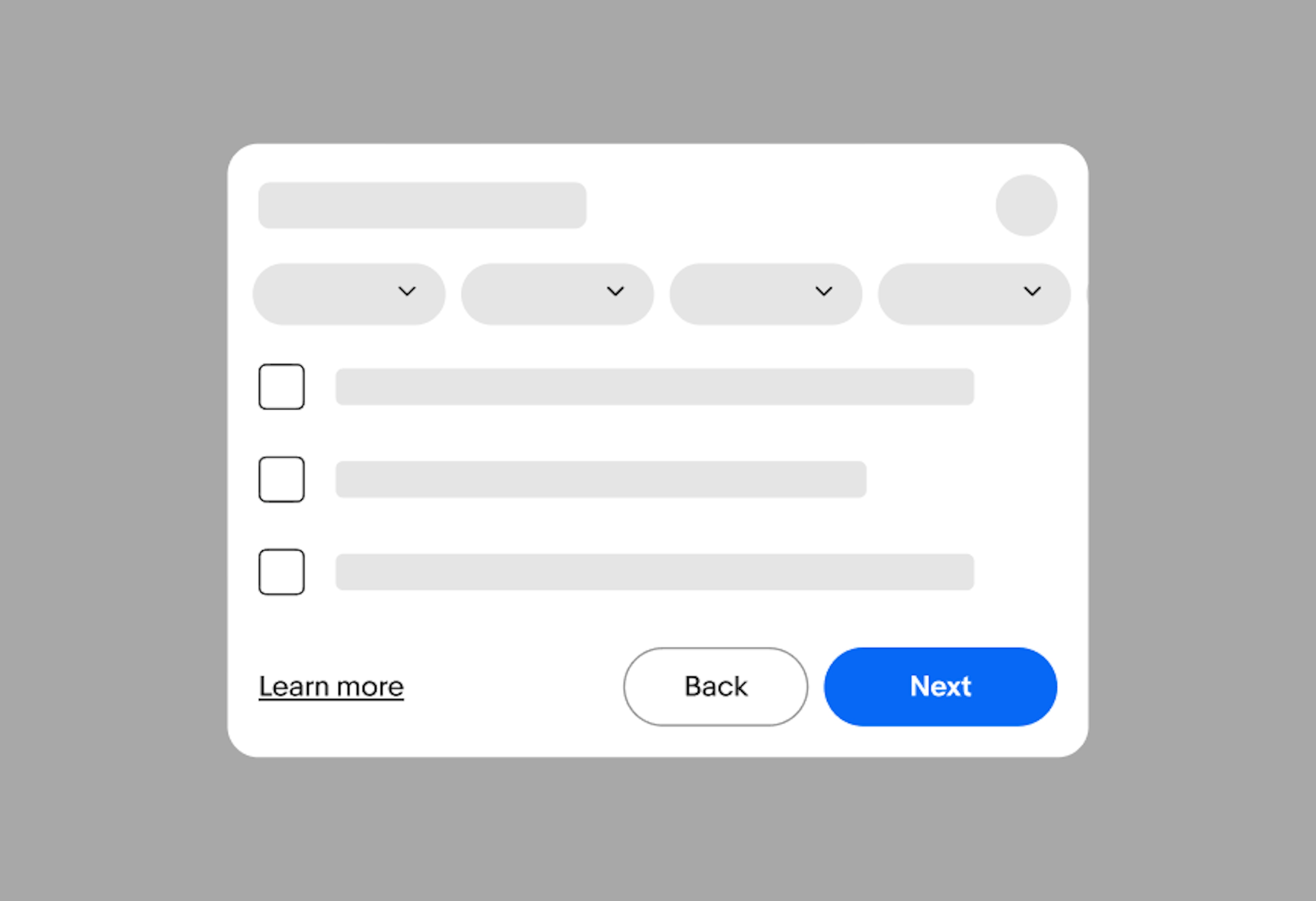 A dialog with complex filters, checkboxes, and links, along with a paginated footer.