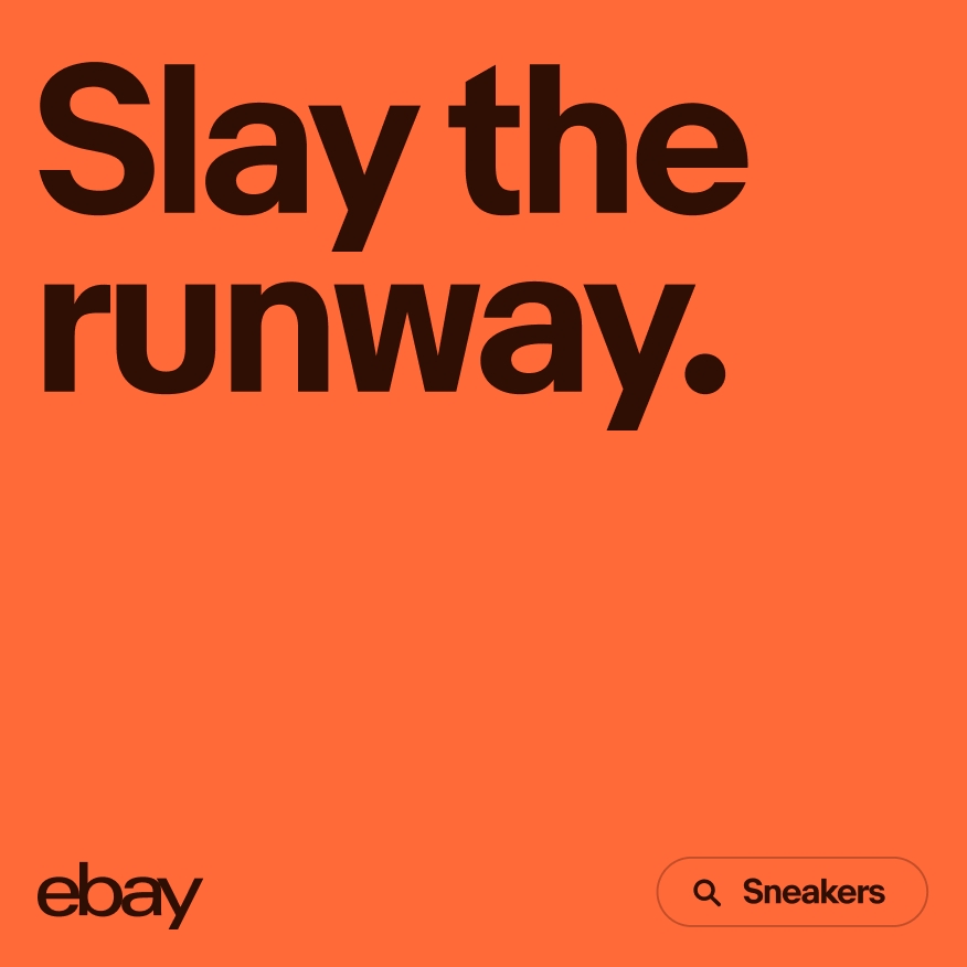 A vibrant orange type-based ad with “Slay the runway” as the headline.