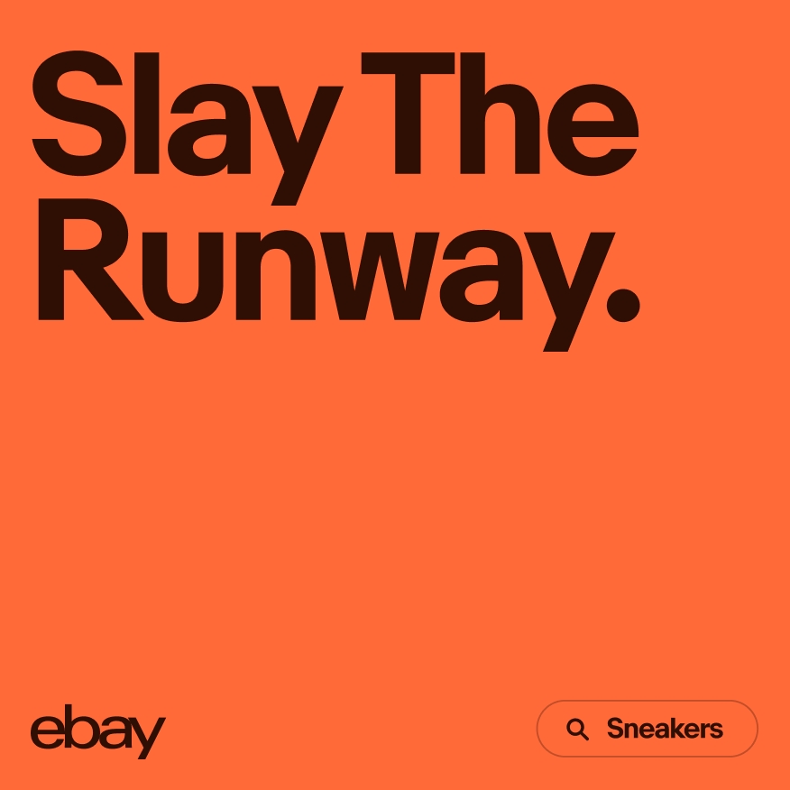 A vibrant orange type-based ad with “Slay The Runway” as the headline.