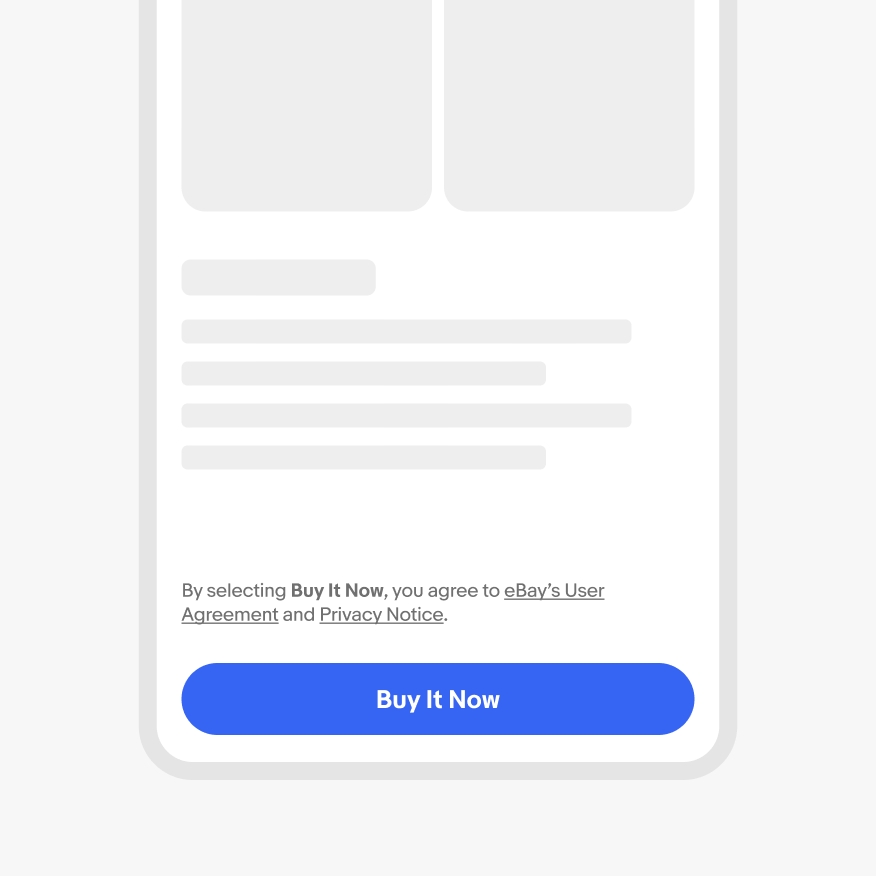 Legal content with “Buy It Now” bolded and gray underlined links. The copy sits above a CTA button with “Buy It Now” inside.