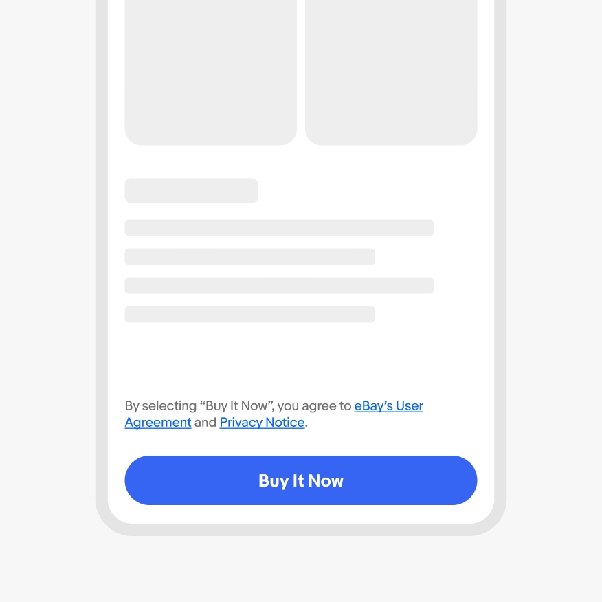 Legal content with “Buy It Now” in quotations and blue underlined links. The copy sits above a CTA button with “Buy It Now” inside.
