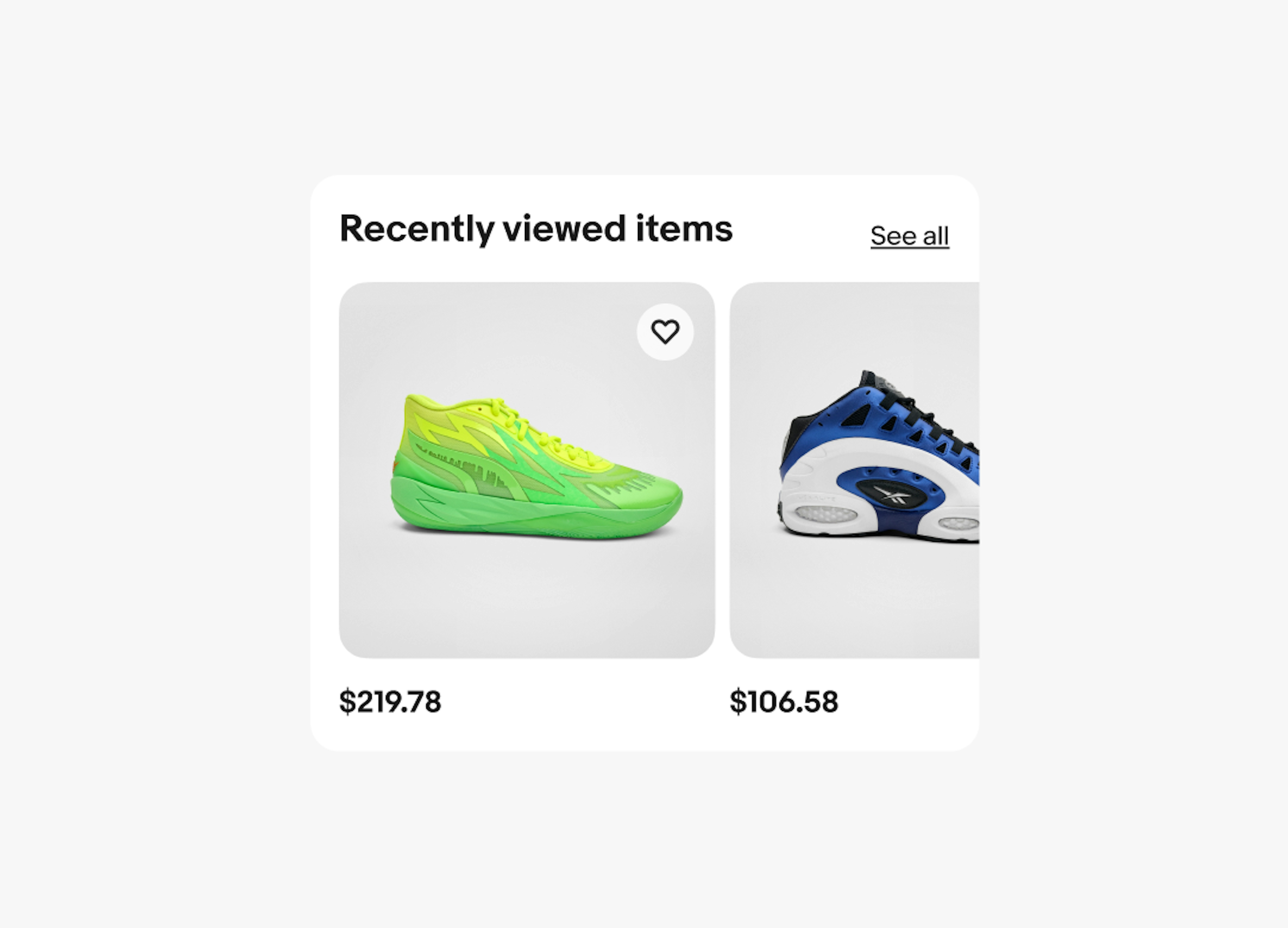 A small screen carousel of shoes with the title “Recently viewed items”.