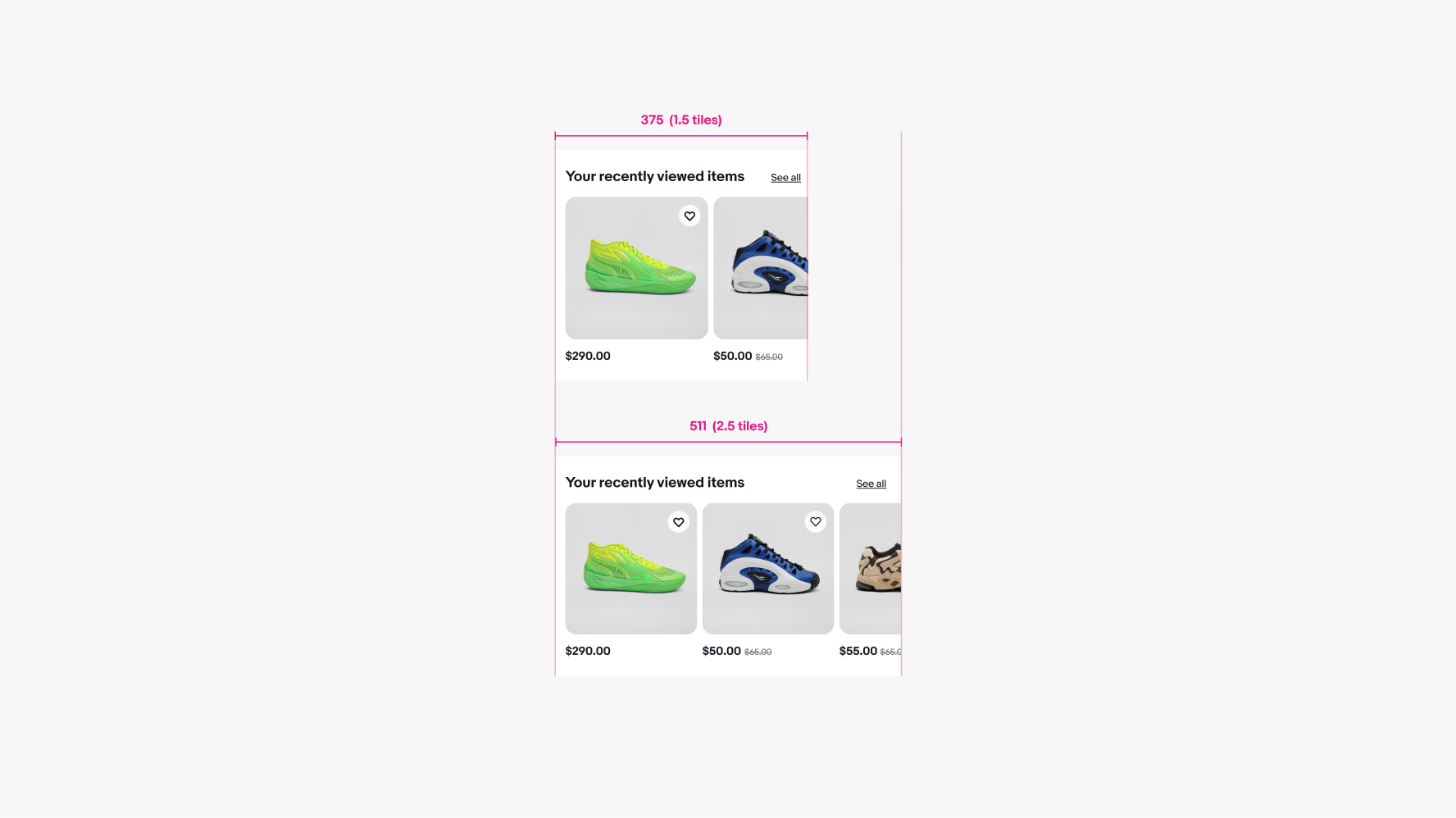 Two small screen carousels. The first is 375px with 1.5 tiles. The second is 511px with 2.5 tiles.