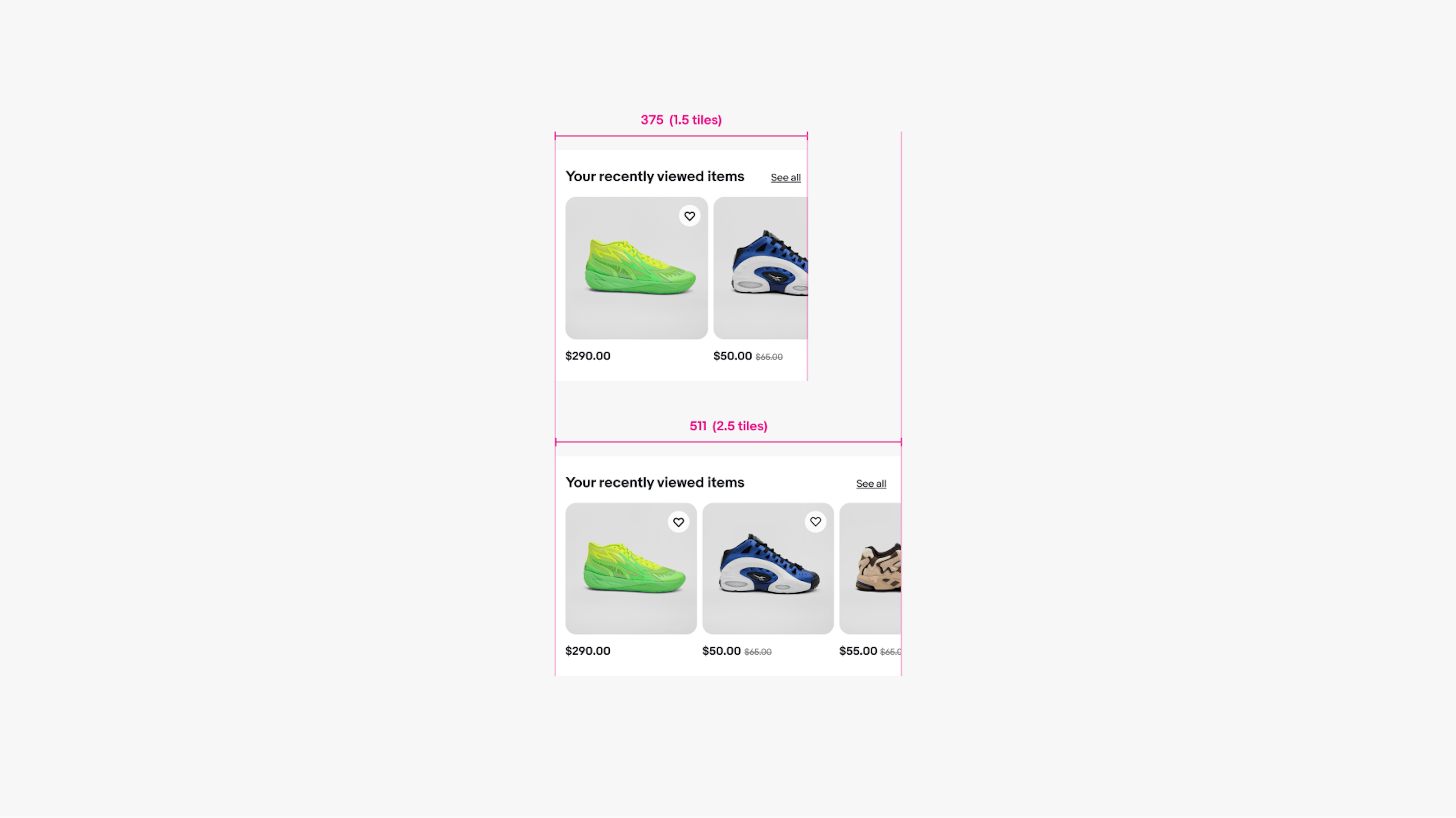 Two small screen carousels. The first is 375px with 1.5 tiles. The second is 511px with 2.5 tiles.