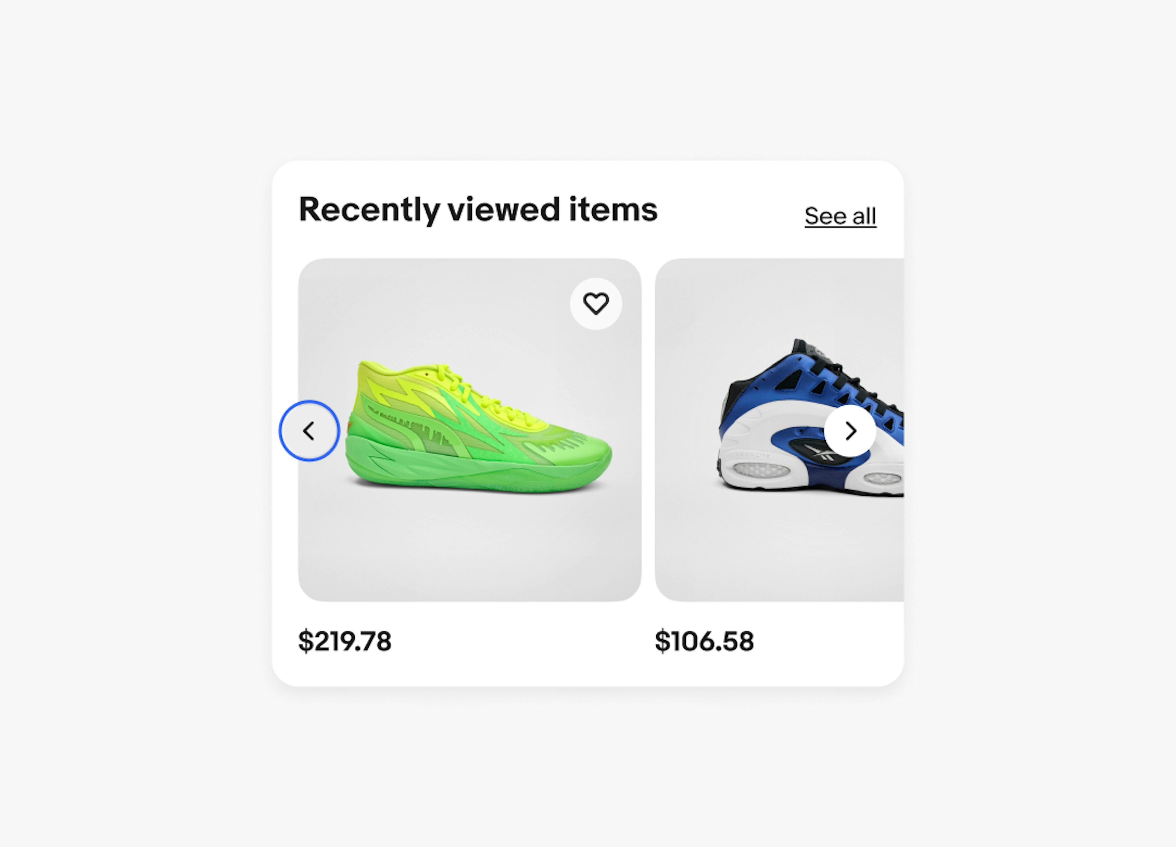 Recently viewed items carrousel displaying shoe images, where the previous icon button has a blue keyboard focus outline around it.