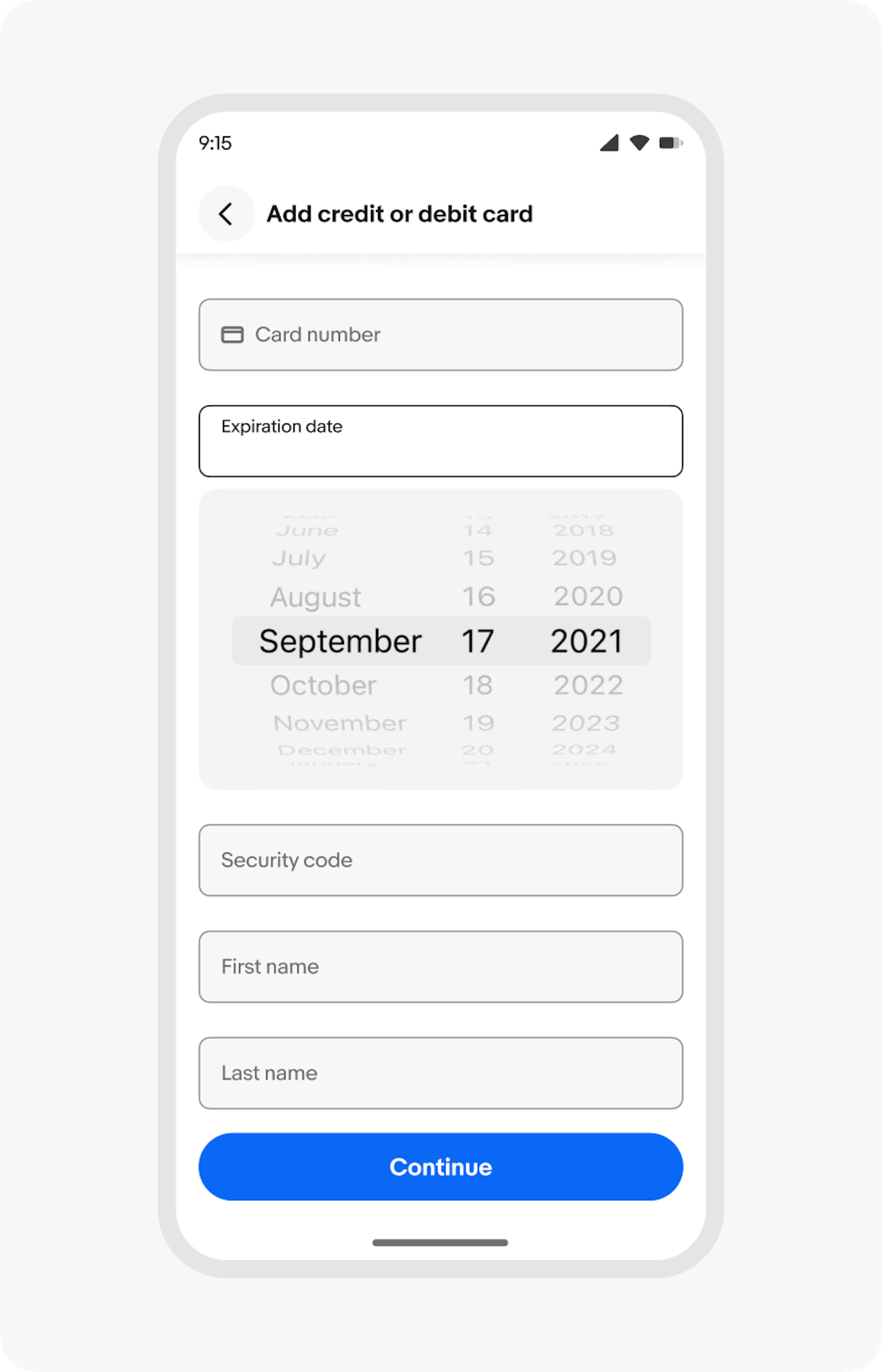 A date picker used in a text input for a credit card expiration date.