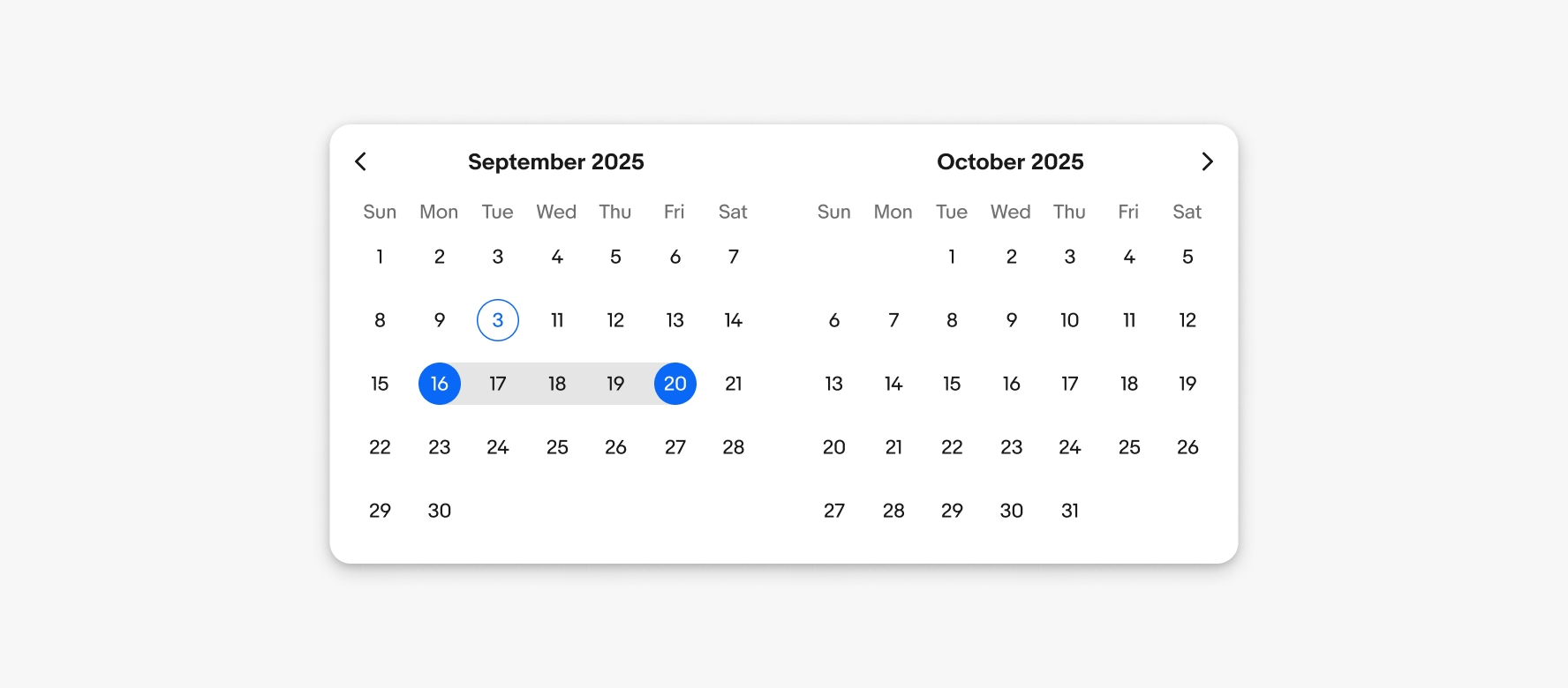 A double picker for the months of September and October. The current date is Sep 3rd. The starting date is Sep 16th and the ending date is Sep 20th.