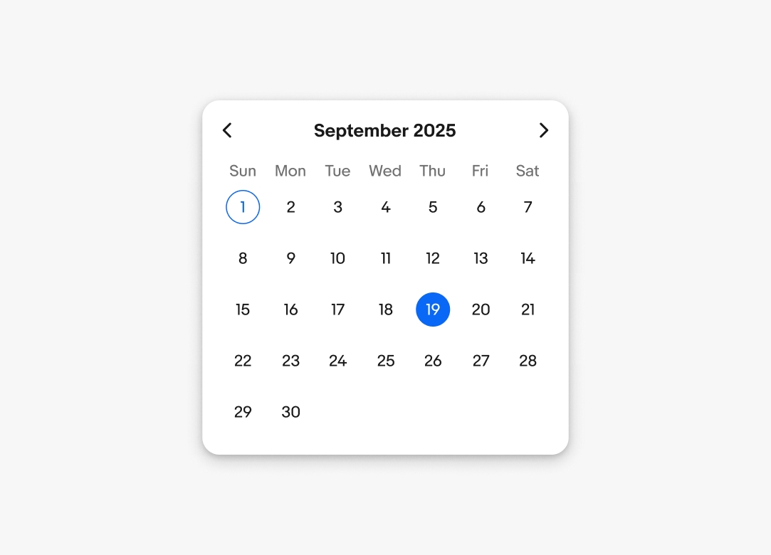A default picker for the month of September. The current date is the 1st. The selected date is the 19th.