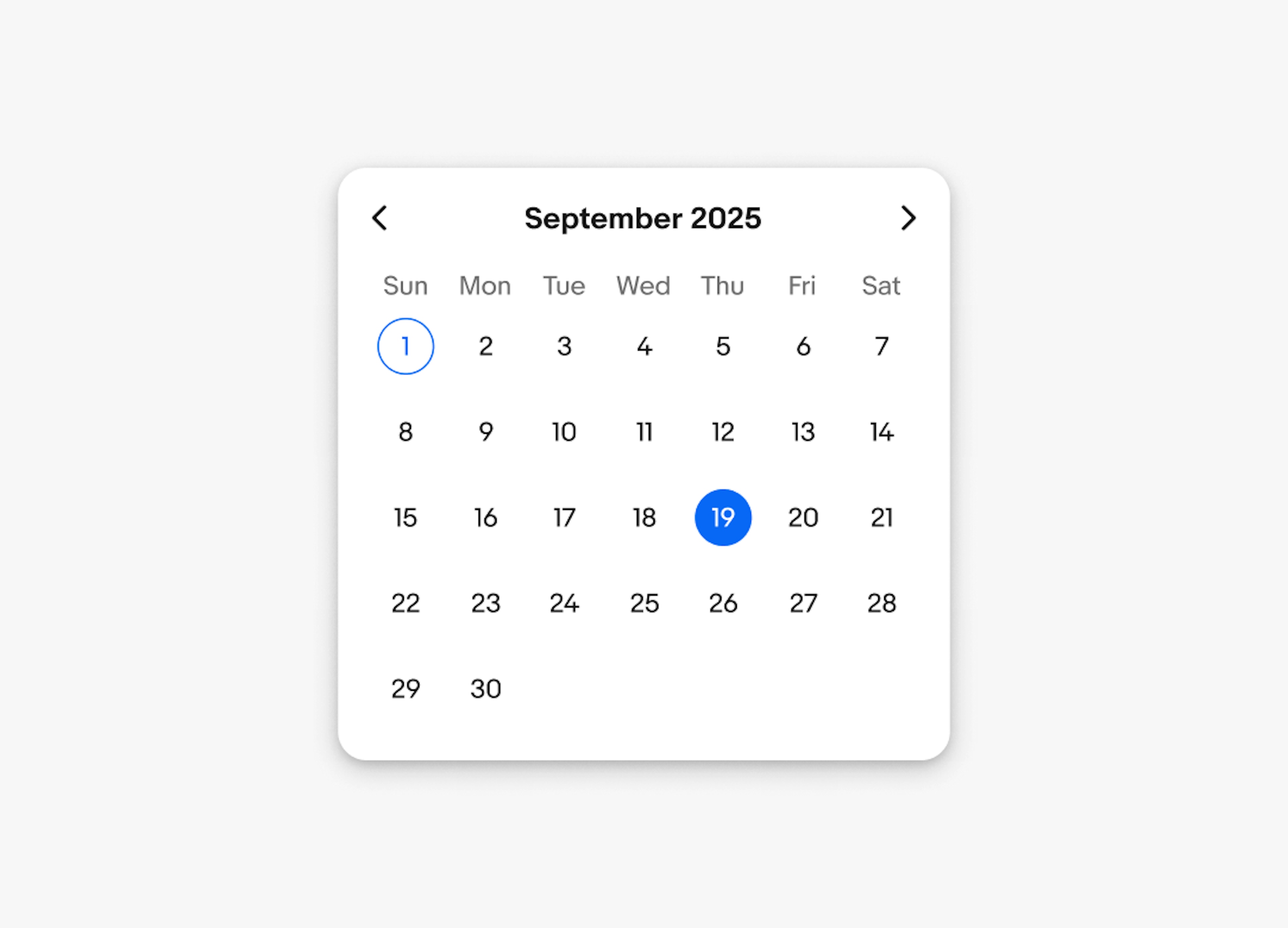 A default picker for the month of September. The current date is the 1st. The selected date is the 19th.