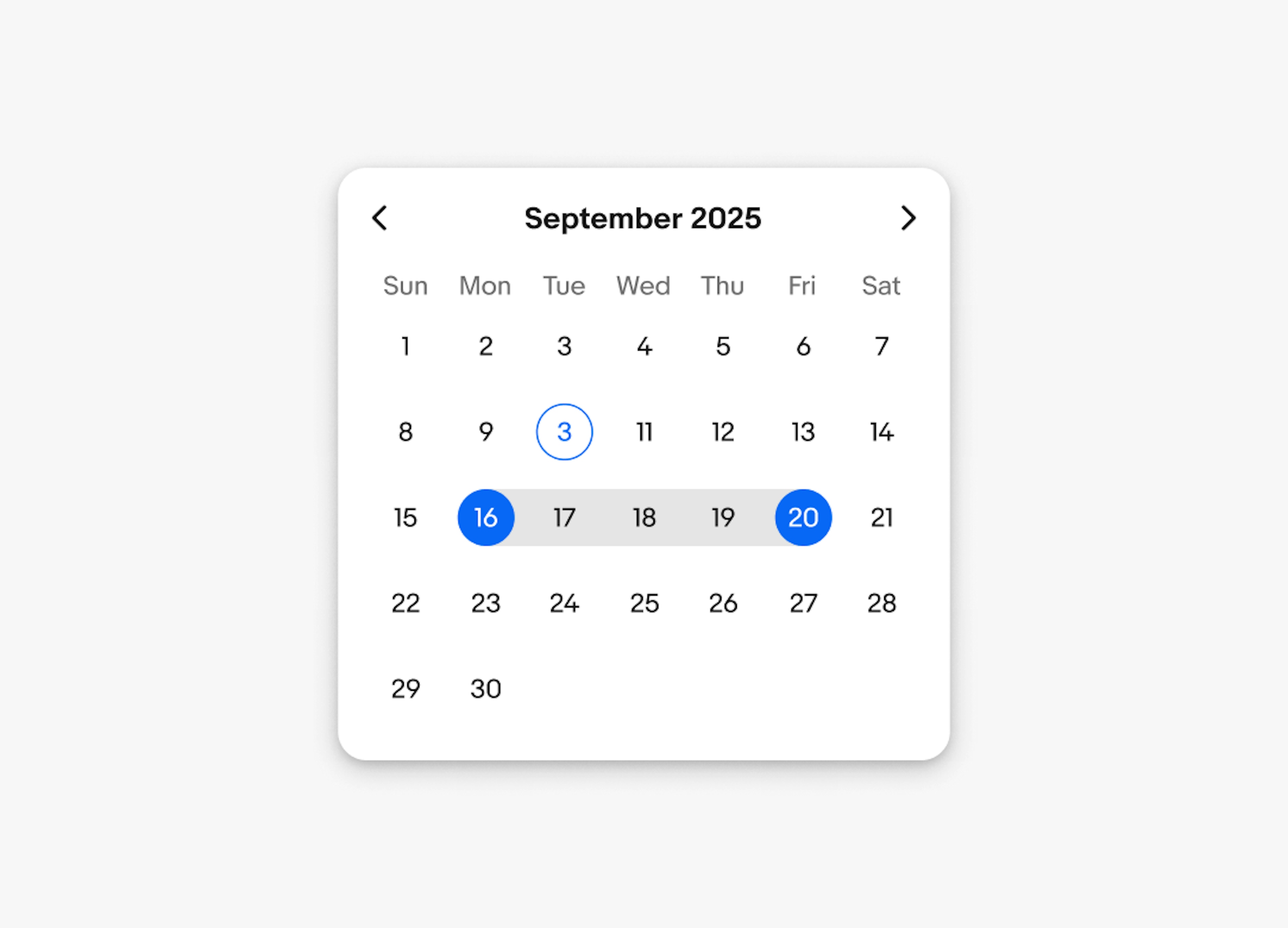 A default picker for the month of September. The current date is the 3rd. The starting date is the 16th and the ending date is the 20th.