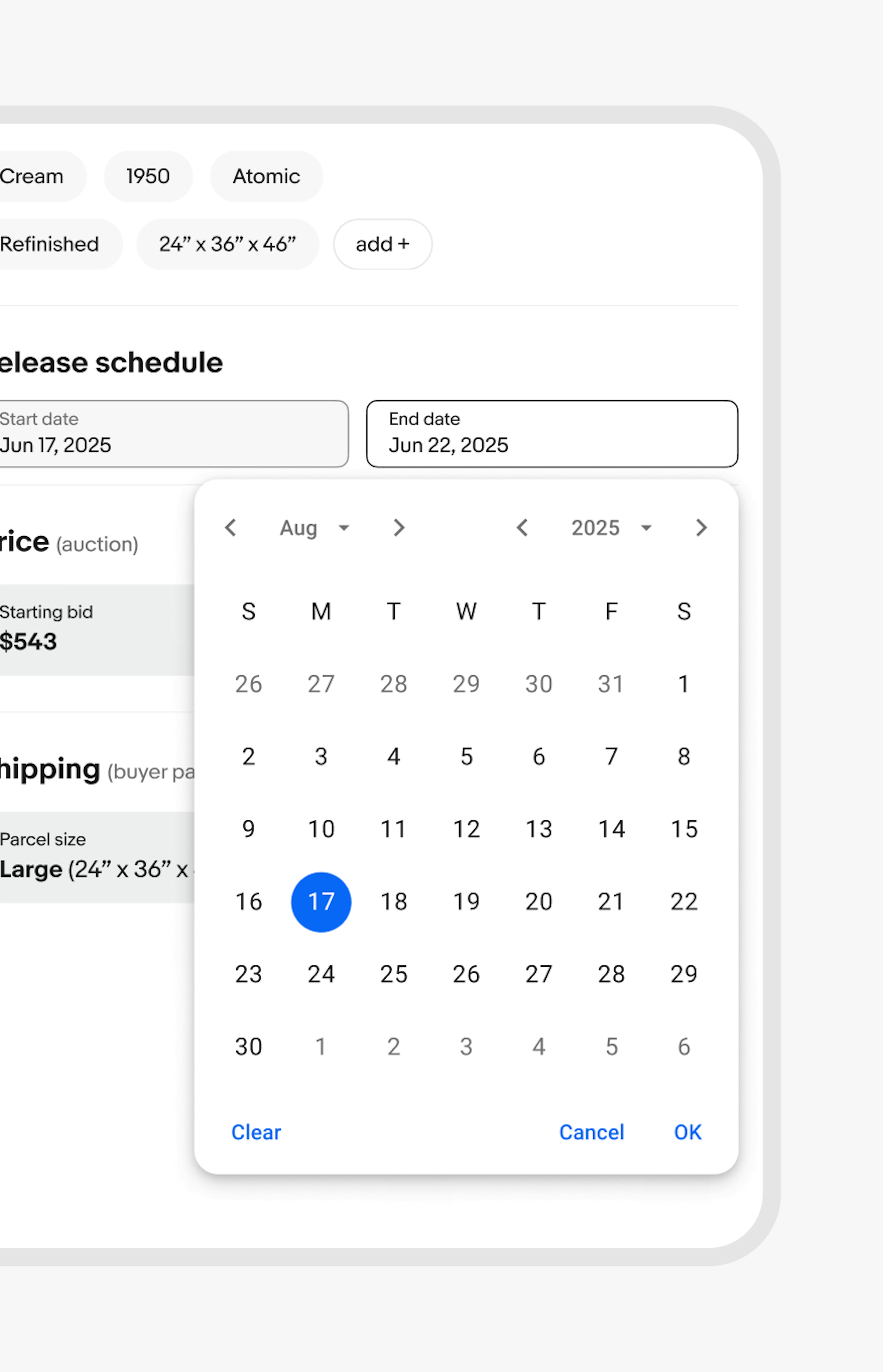 A material design docked date picker popover.