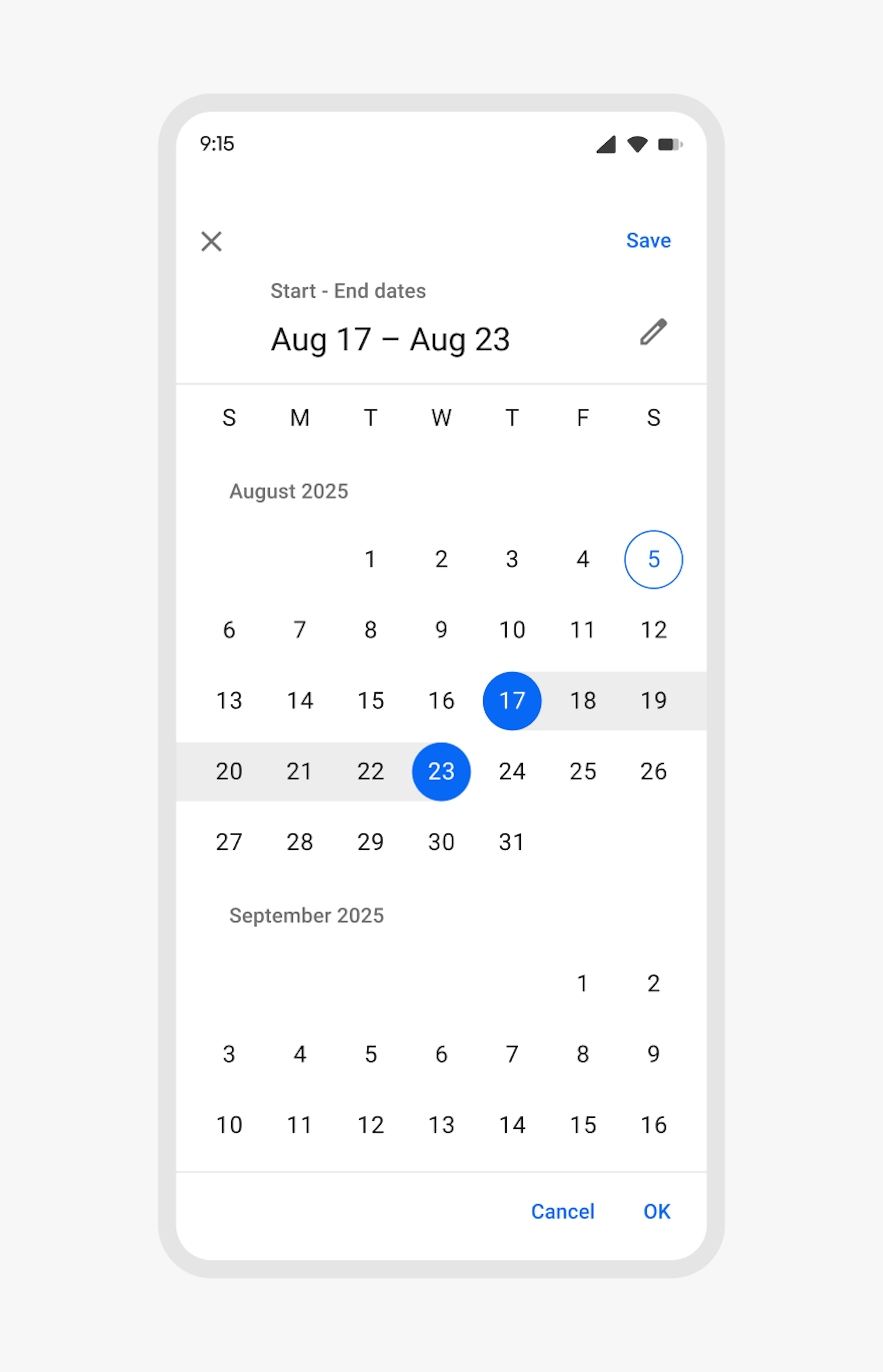 A material design modal date picker on a mobile screen. The months are stacked.