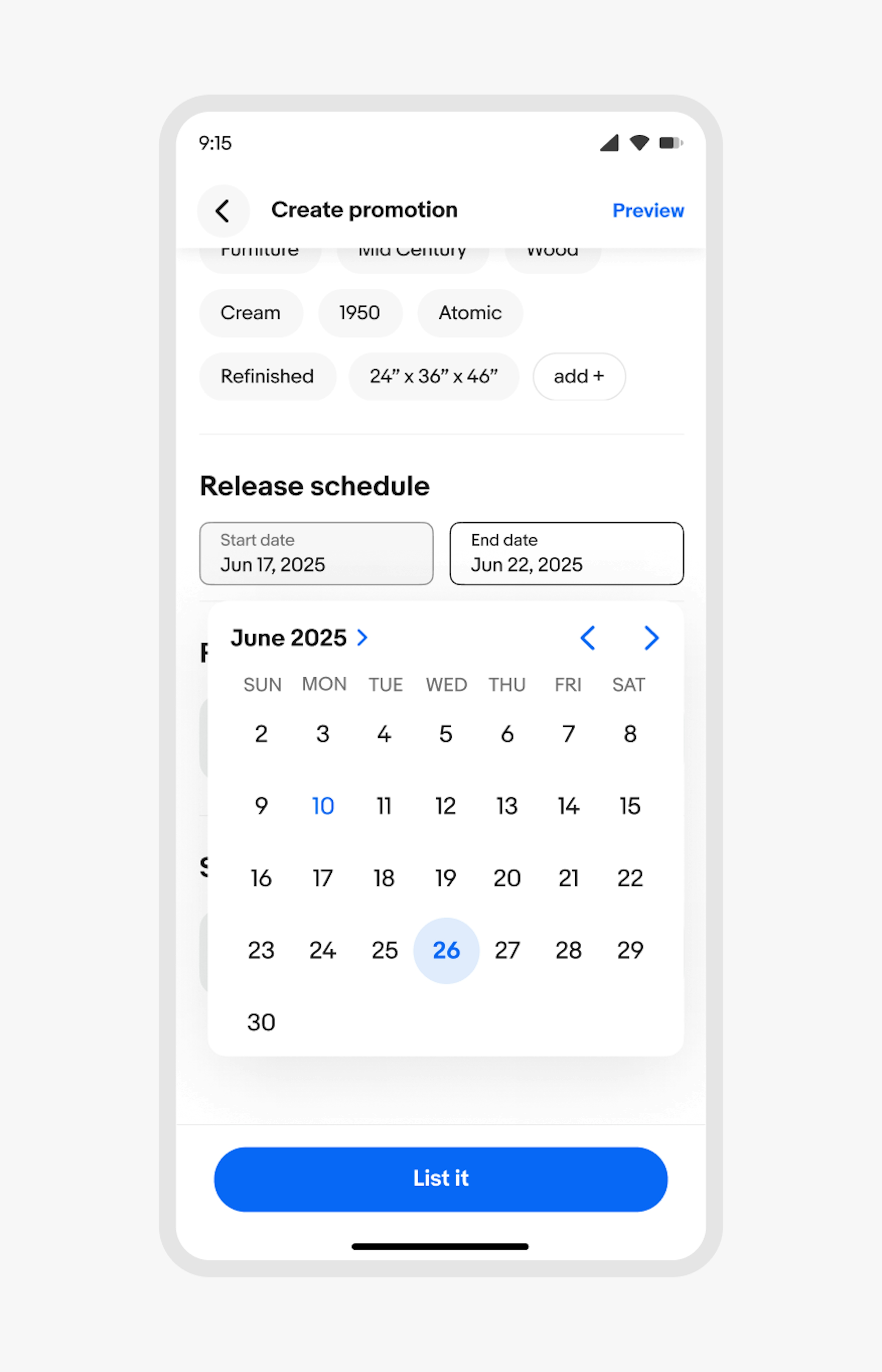 A native iOS date picker in popover form.