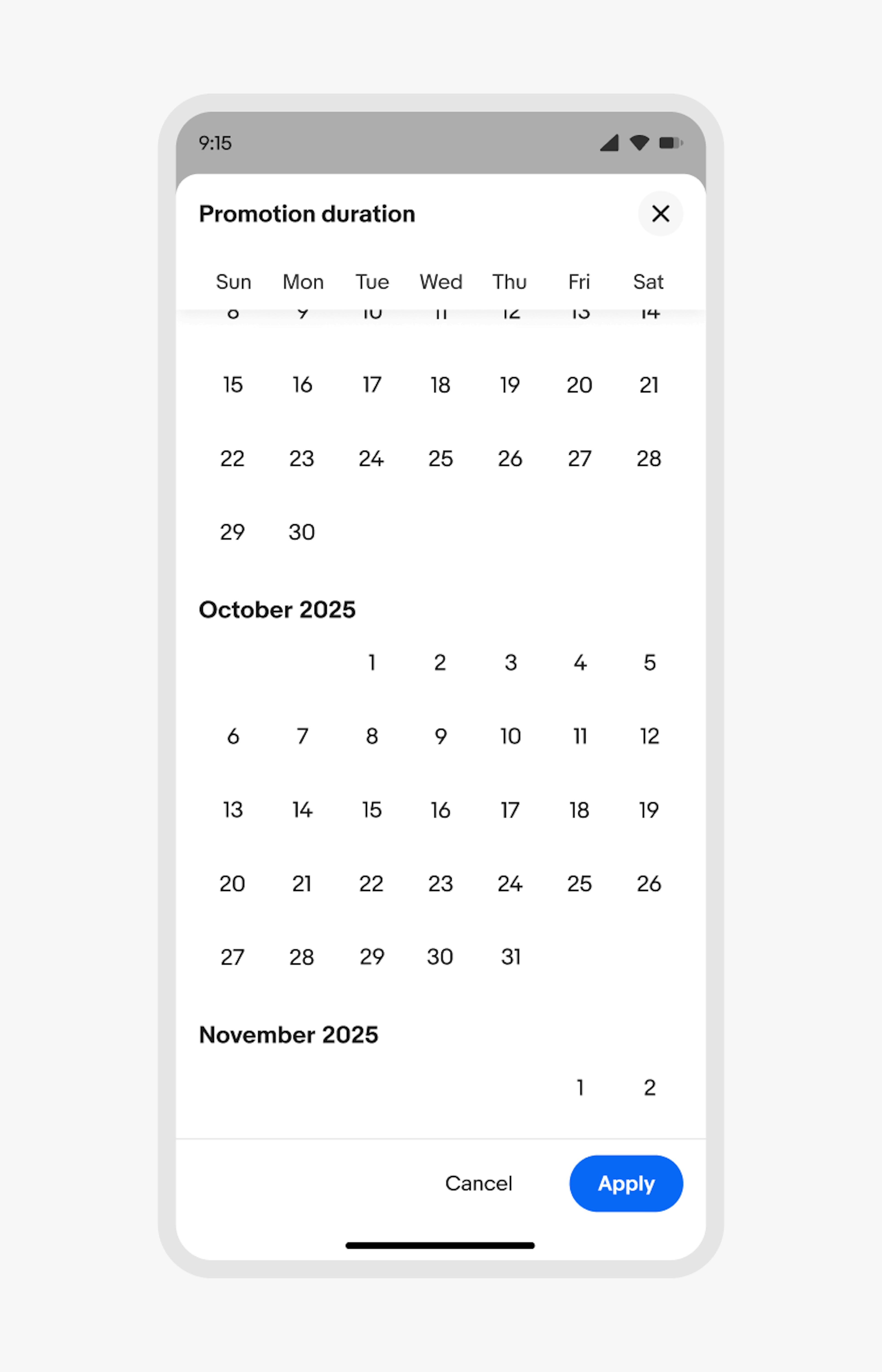 A small screen html date picker as a fullscreen modal.