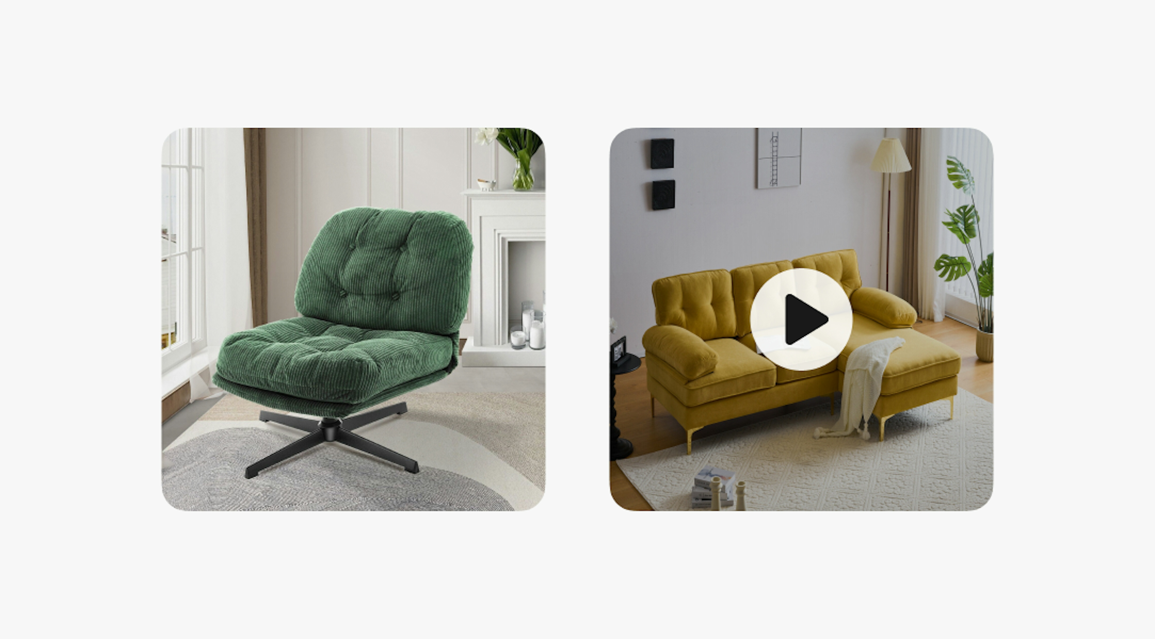 Two media examples with furniture content. One is an image and the other is a video. The video has a play button.