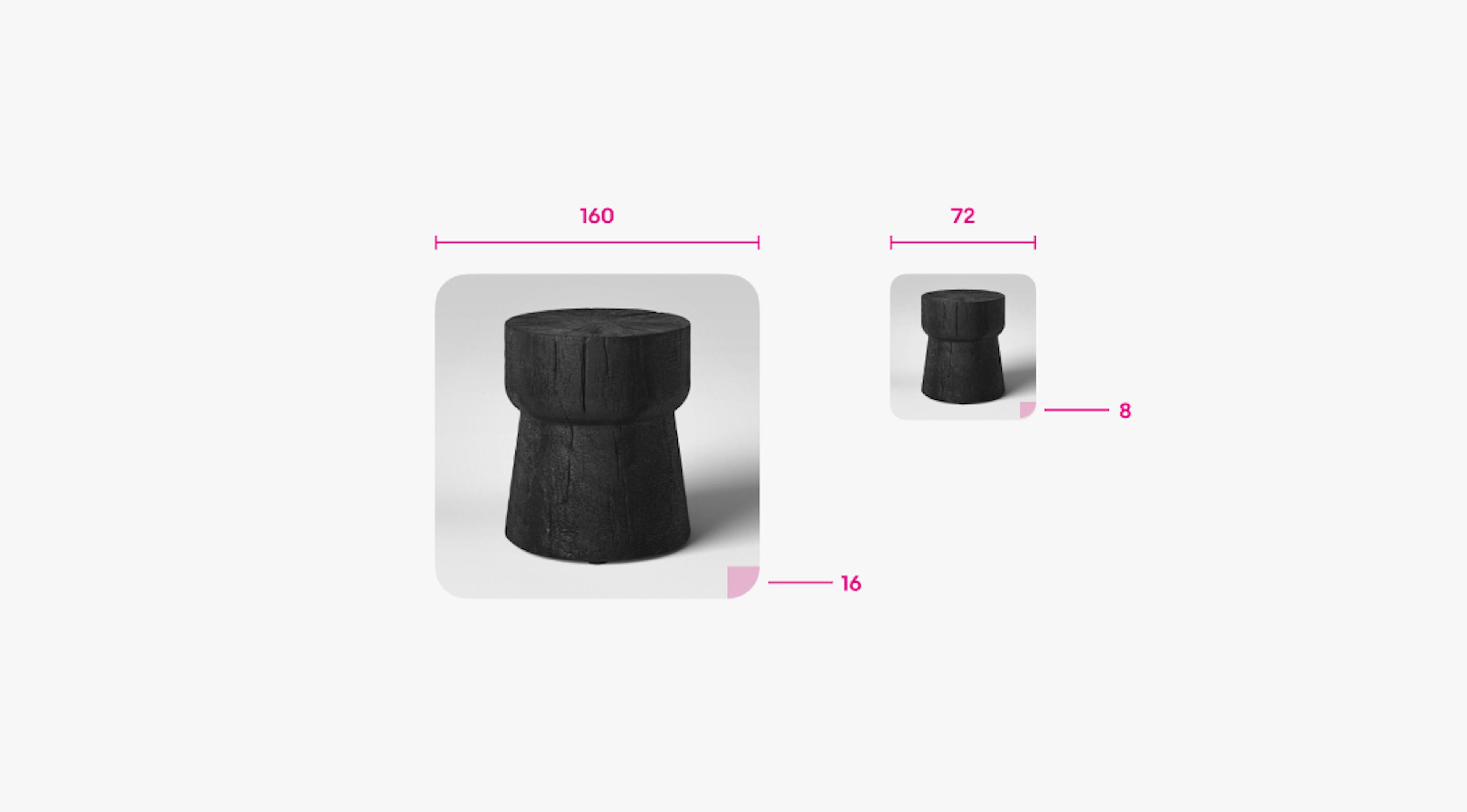 Two containers with the radius called out. The first is 160px with 16px radius. The second is 72px with 8px radius.