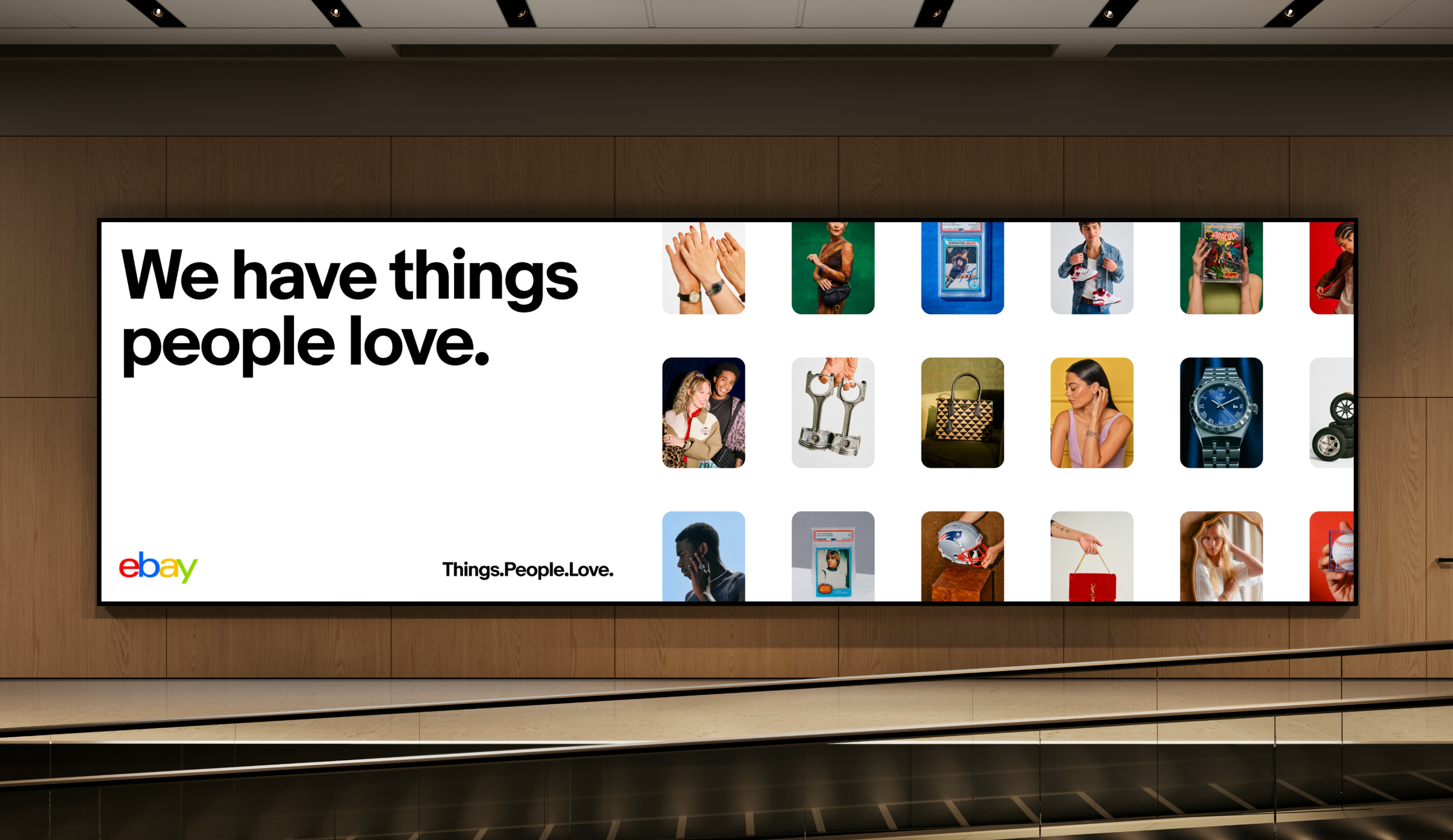 A large advertisement with a grid of colorful photographs on the right. The eBay logo and the headline "We have things people love" is on the left of the image grid.