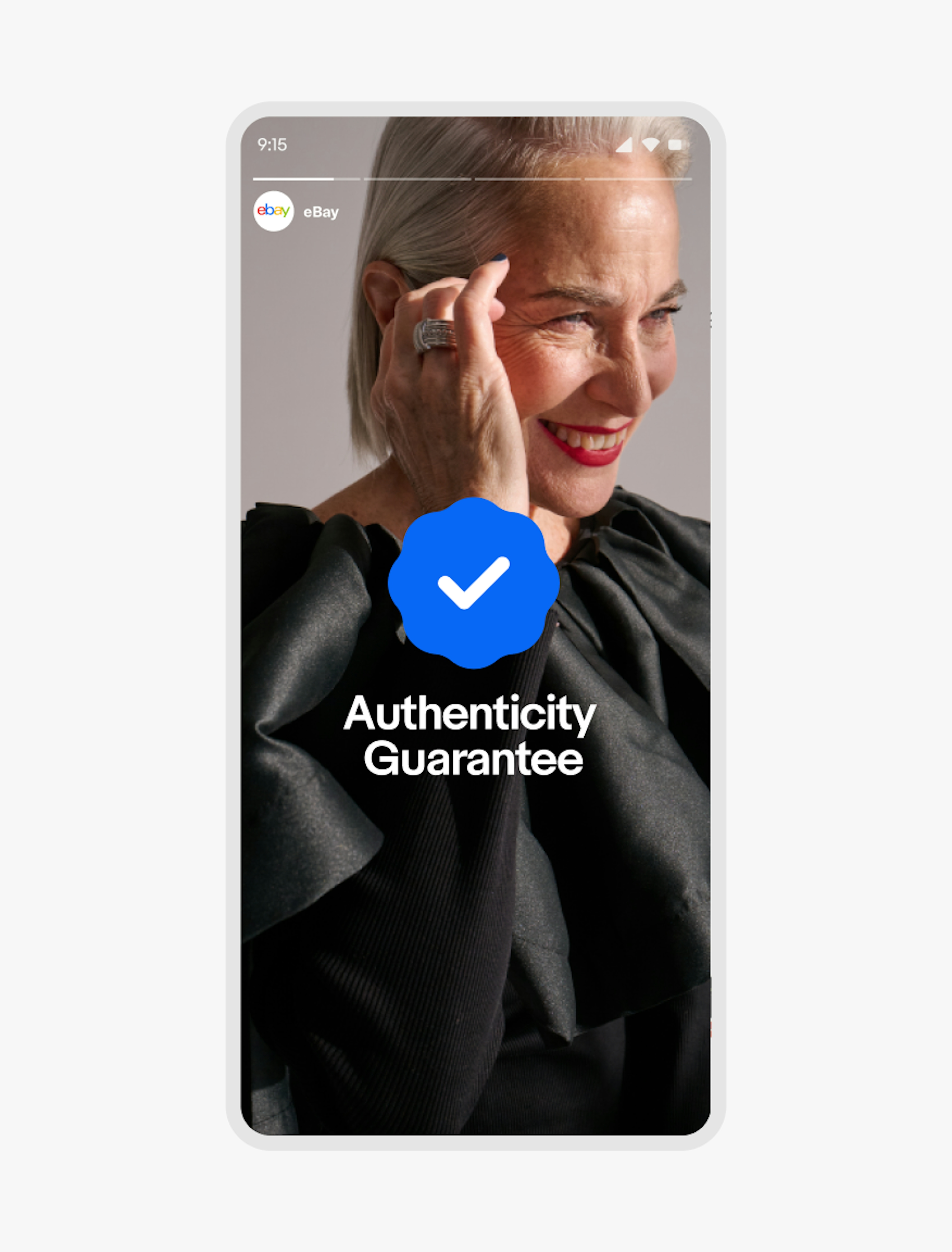 A social screen with a large Authenticity Guarantee badge over an image of a woman in fashionable clothes.