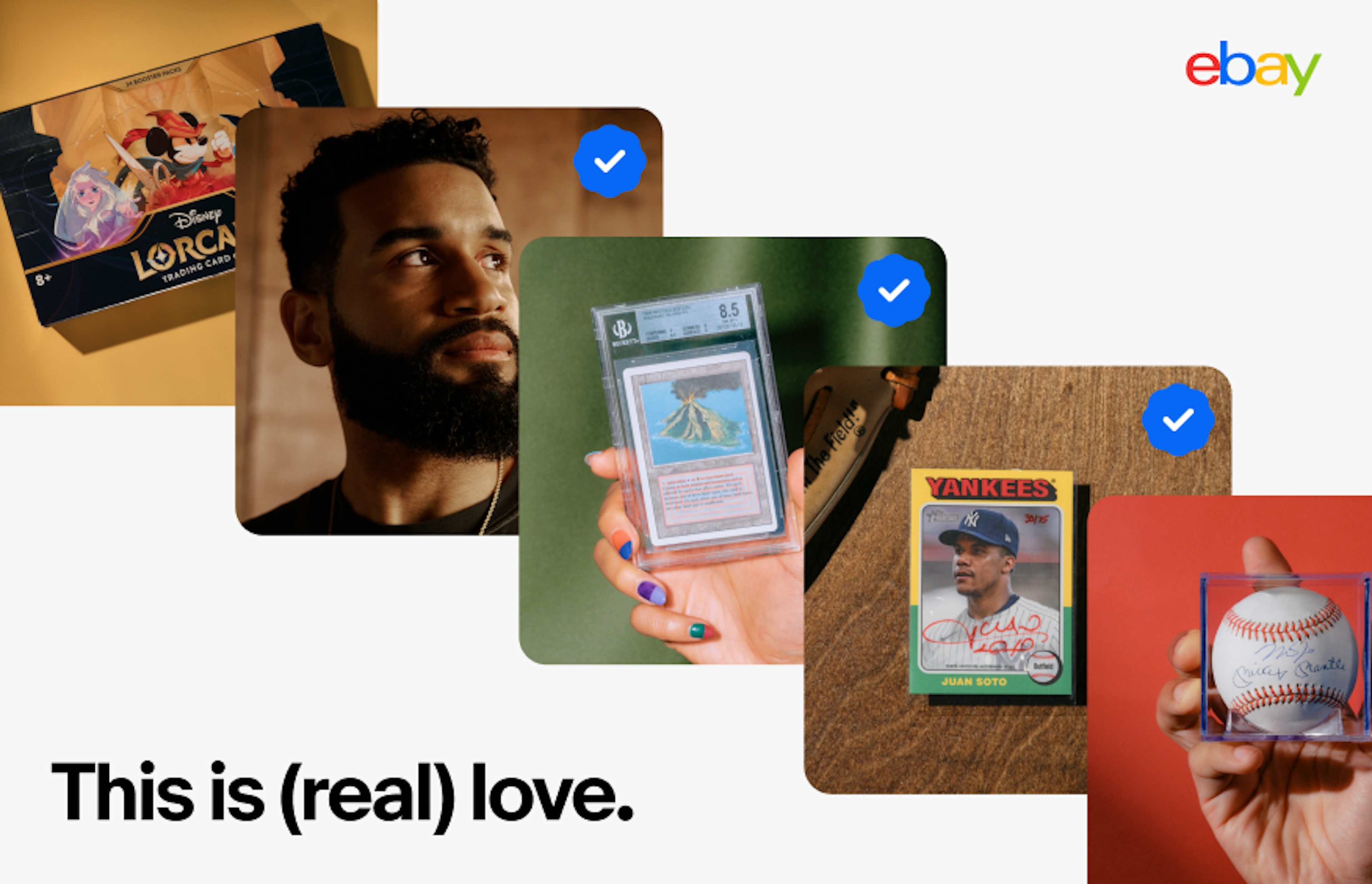 An ad with a diagonal set of image cards with sports memorabilia. They all have authenticity guarantee checkmarks and the title is “This is (real) love.”