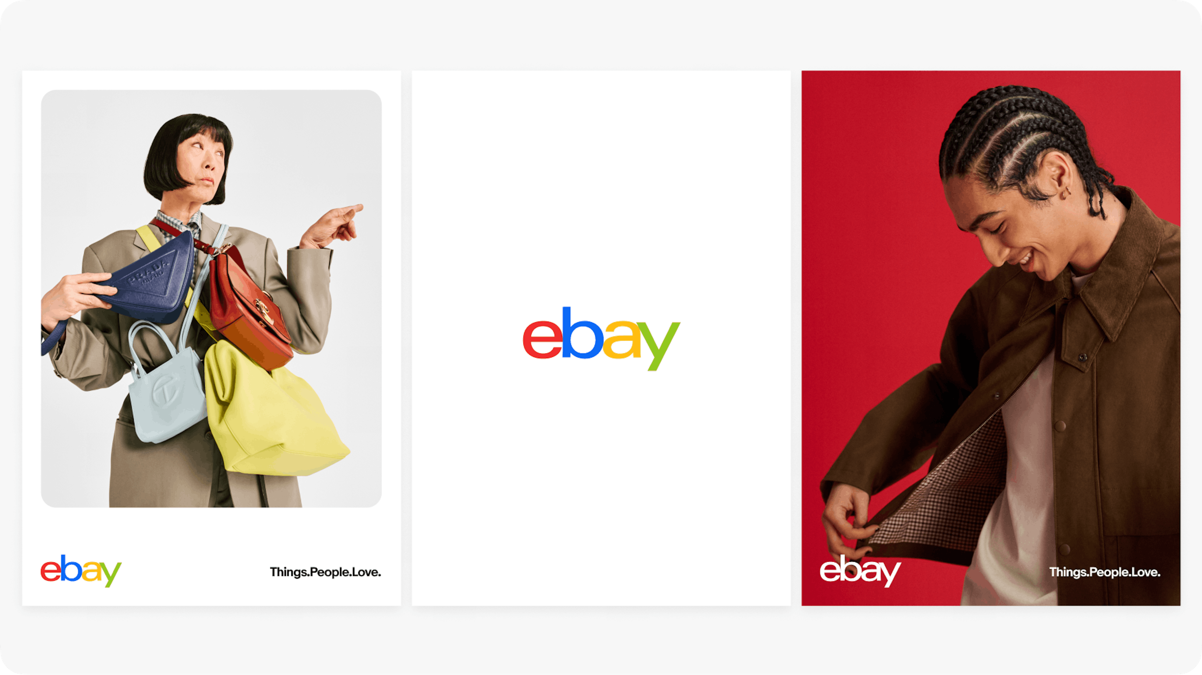 Three compositions showing different ways of using the eBay logo, such as our primary heritage four color logo and a white logo over image.