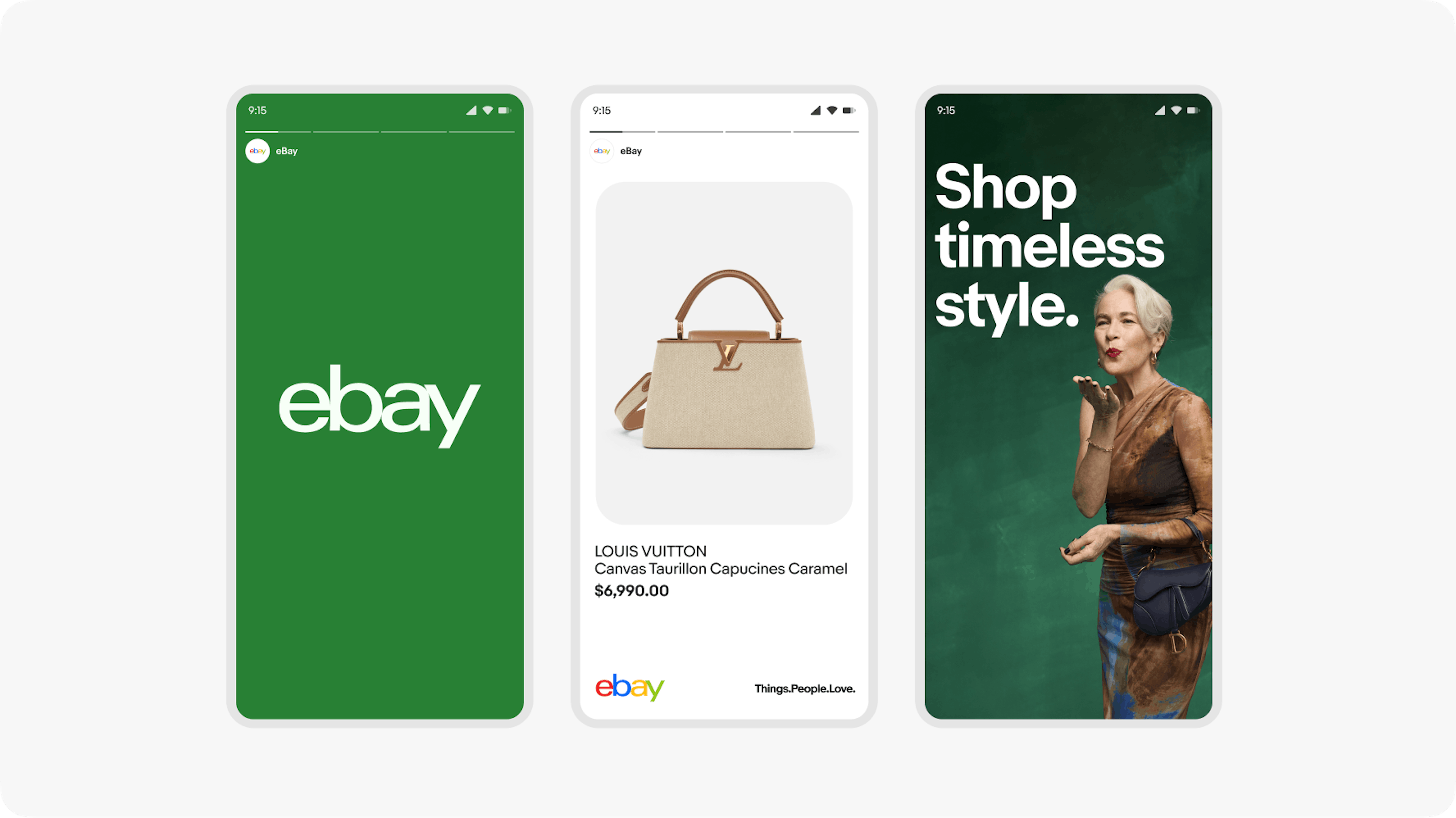 Three smartphone screens displaying eBay advertisements. The first screen shows the eBay logo on a green background. The second screen features a luxury handbag as a large item tile with text. The third screen shows an older woman in a stylish dress with the large text 'Shop timeless style' on a green background.