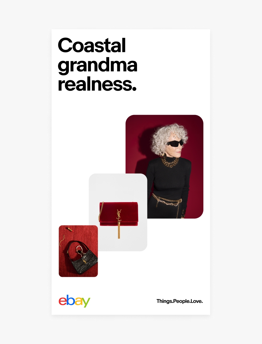 A vertical eBay ad with a white background. The title “Coastal grandma realness.” is in the upper left. The eBay logo is in the bottom left and tagline “Things.People.Love.” bottom right. Three red images move in a diagonal way from the bottom left to the right right.