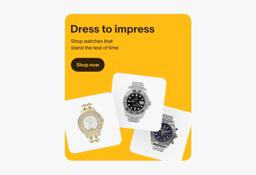 The image is an advertisement promoting watches with the tagline "Dress to impress." It features three watches: a gold Versus watch, a silver Rolex watch, and a silver chronograph watch. There is a "Shop now" button inviting viewers to purchase. The background is dark green.
