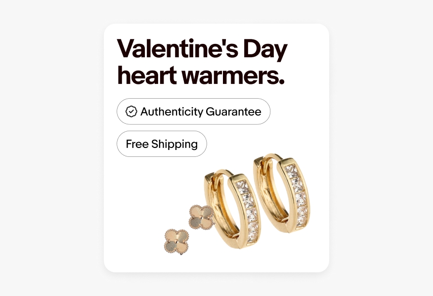 The image is an advertisement for Valentine's Day jewelry, titled "Valentine's Day heart warmers." It features a pair of gold hoop earrings with embedded stones and a pair of small, gold, flower-shaped stud earrings. The ad highlights "Authenticity Guarantee" and "Free Shipping."