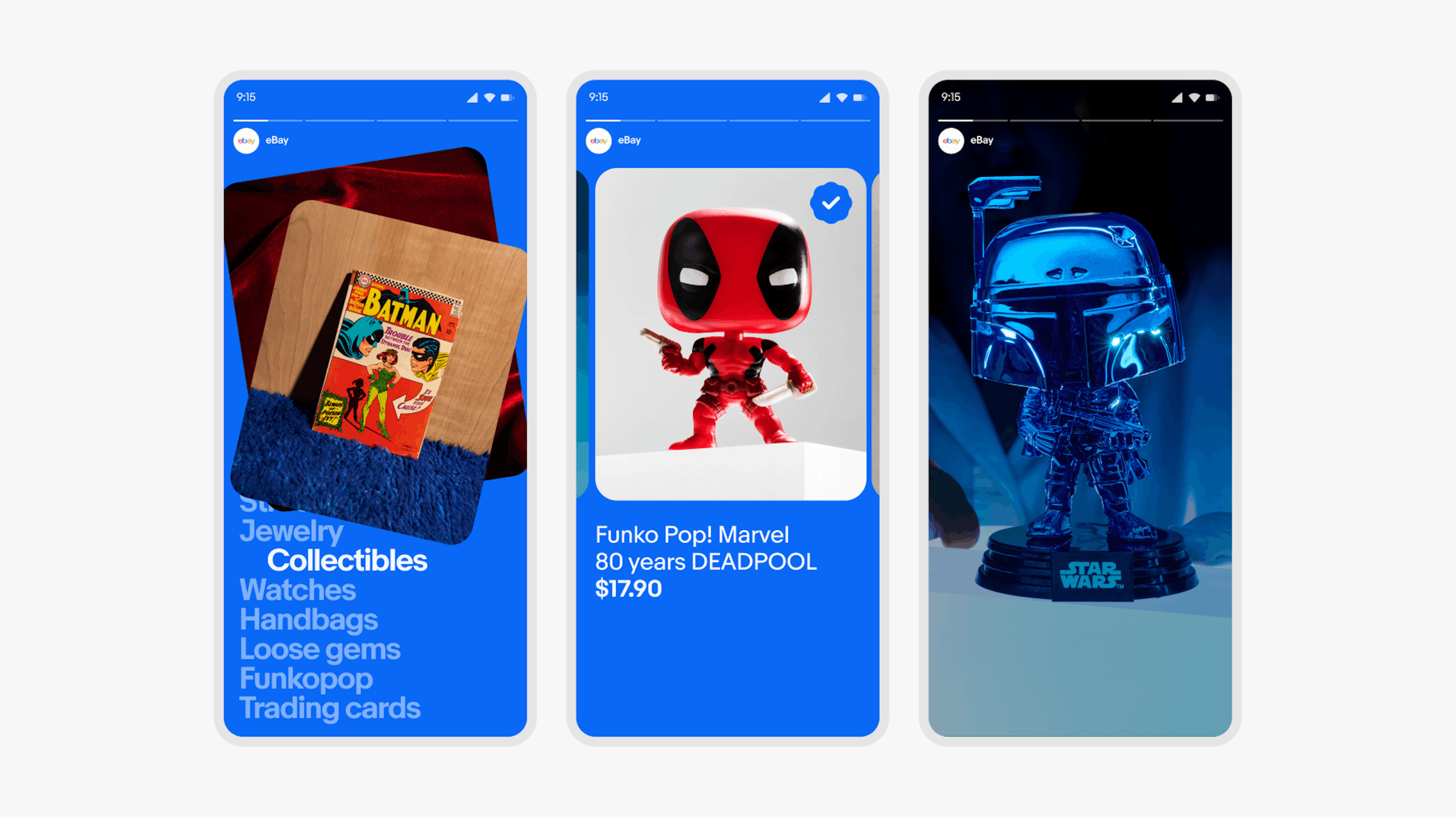 Three social stories showcasing collectibles on eBay: a vintage hockey graded collectible card, a Funko Pop! Marvel 80 years Deadpool figure, and a blue chrome Star Wars figurine.