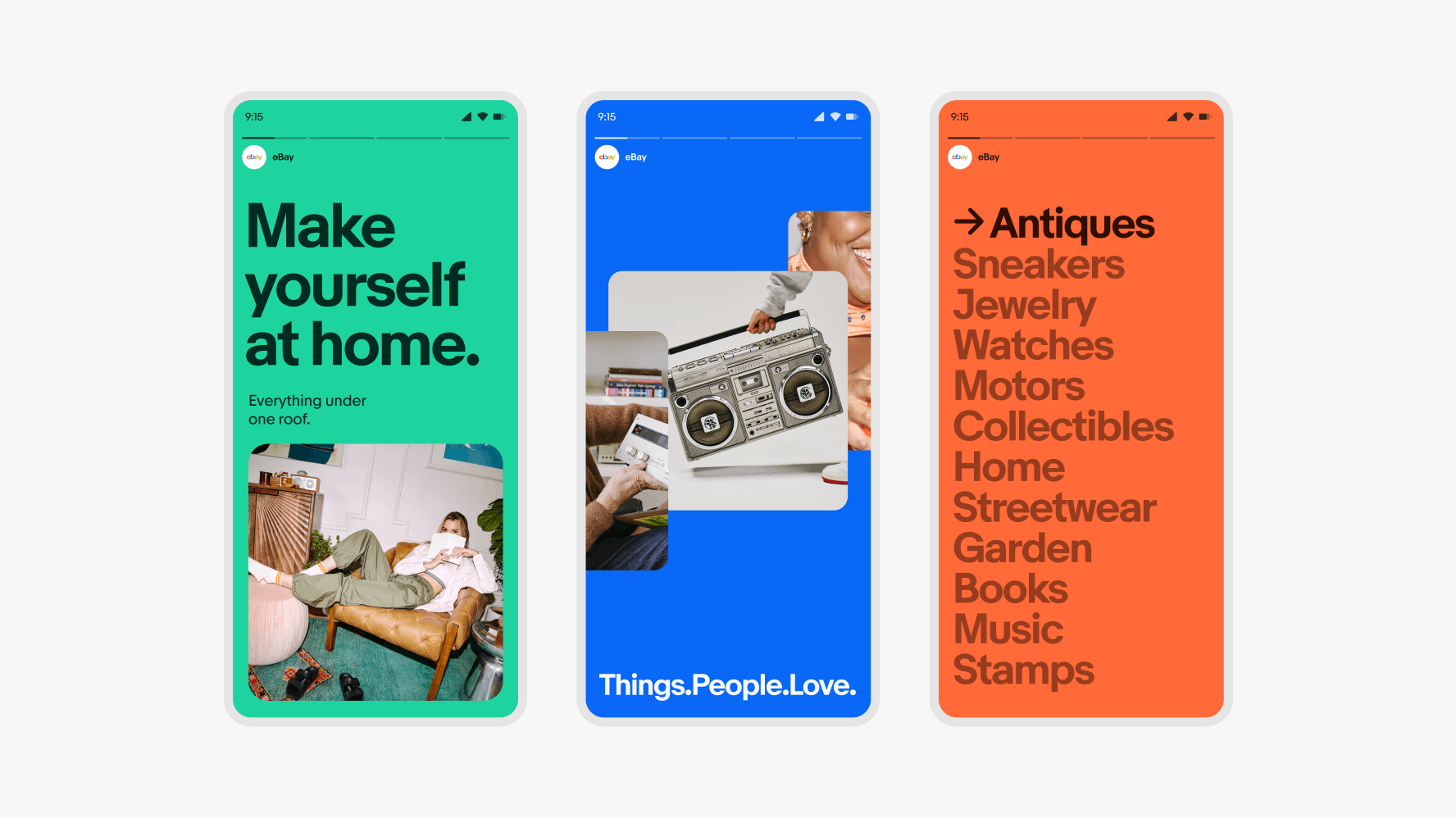 Three social stories showcasing different color combinations: On the left is a story with dark teal text paired with a teal background and a complementary image. In the middle story there are three images stacked on top of a blue background with the tagline in white. On the right is a story of a list of items on an orange background - one item is highlighted in a darker orange text, while the other items are in a lighter, yet still dark orange color.