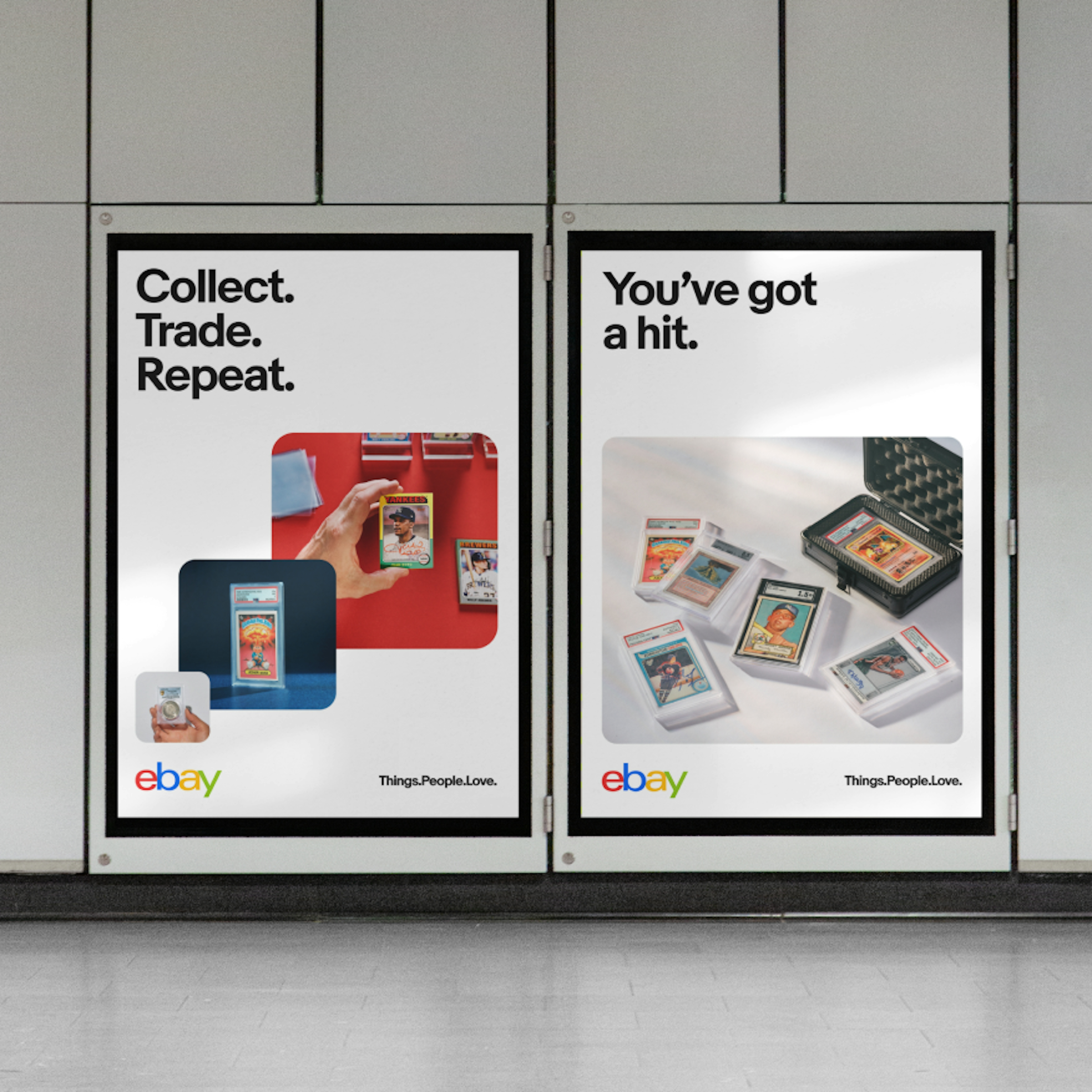 Two eBay out-of-home poster ads displaying text in black and colorful photography on top of a white background. The 4-color eBay logo sits on the bottom left corner of the ads alongside the tagline on the bottom right corner.