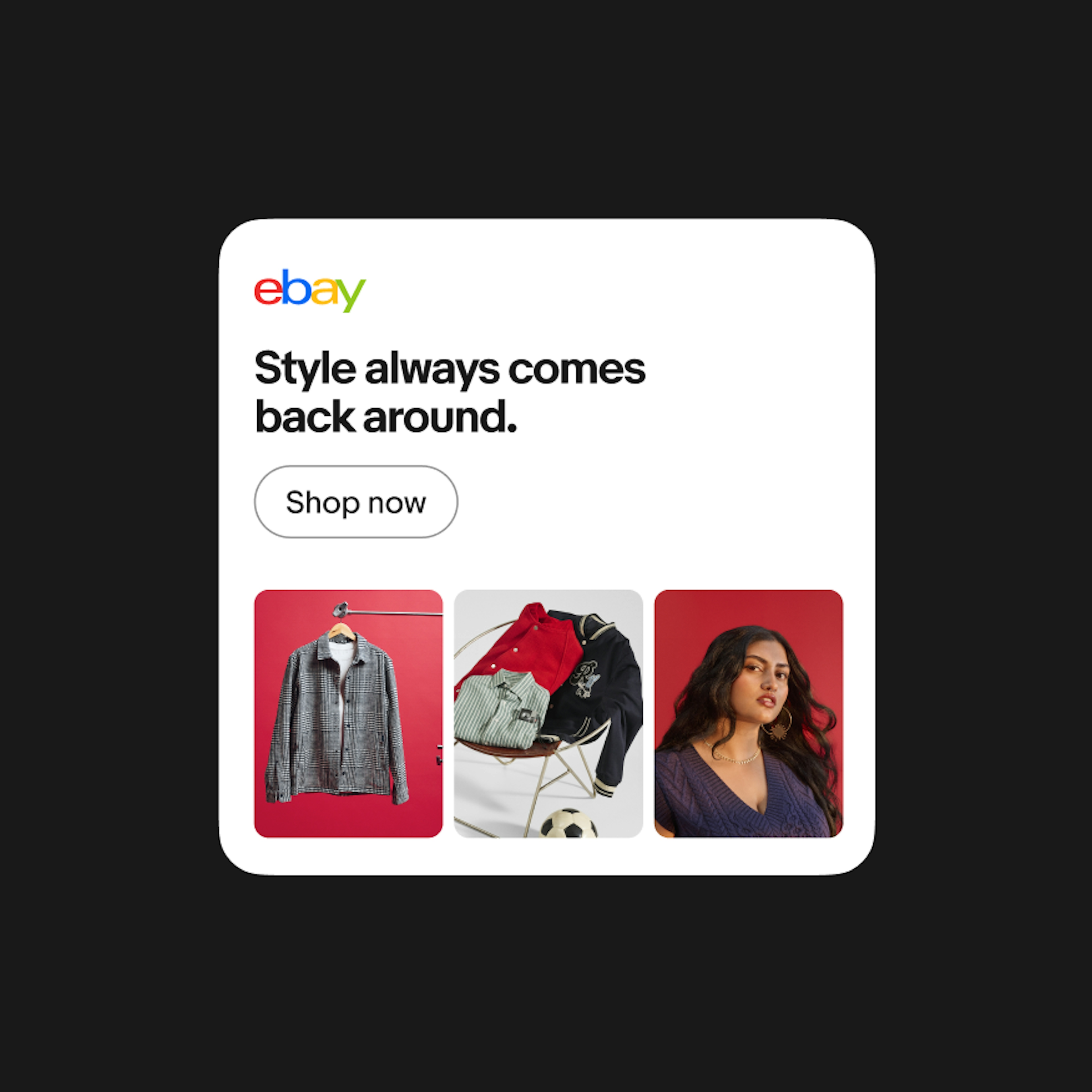 A digital eBay ad displaying text in black and red-toned photography on top of a white background. The 4-color eBay logo sits on the top left corner of the ad.