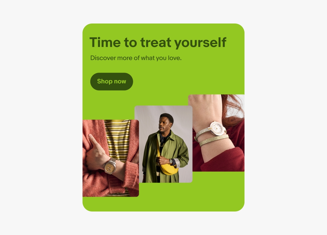 A digital ad with light green text on top of a dark green background, with three colorful, complementary images stacked below