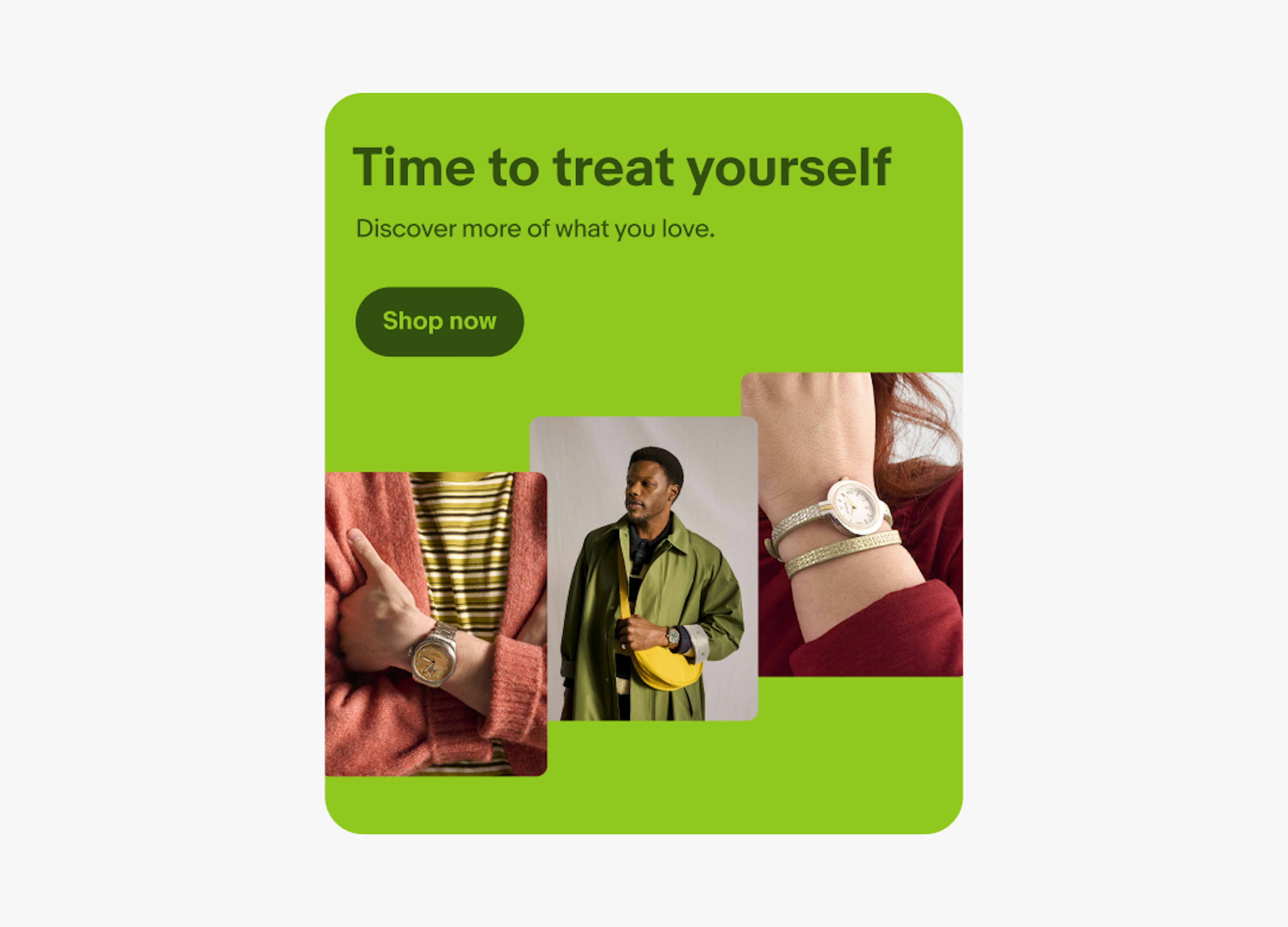 A digital ad with light green text on top of a dark green background, with three colorful, complementary images stacked below