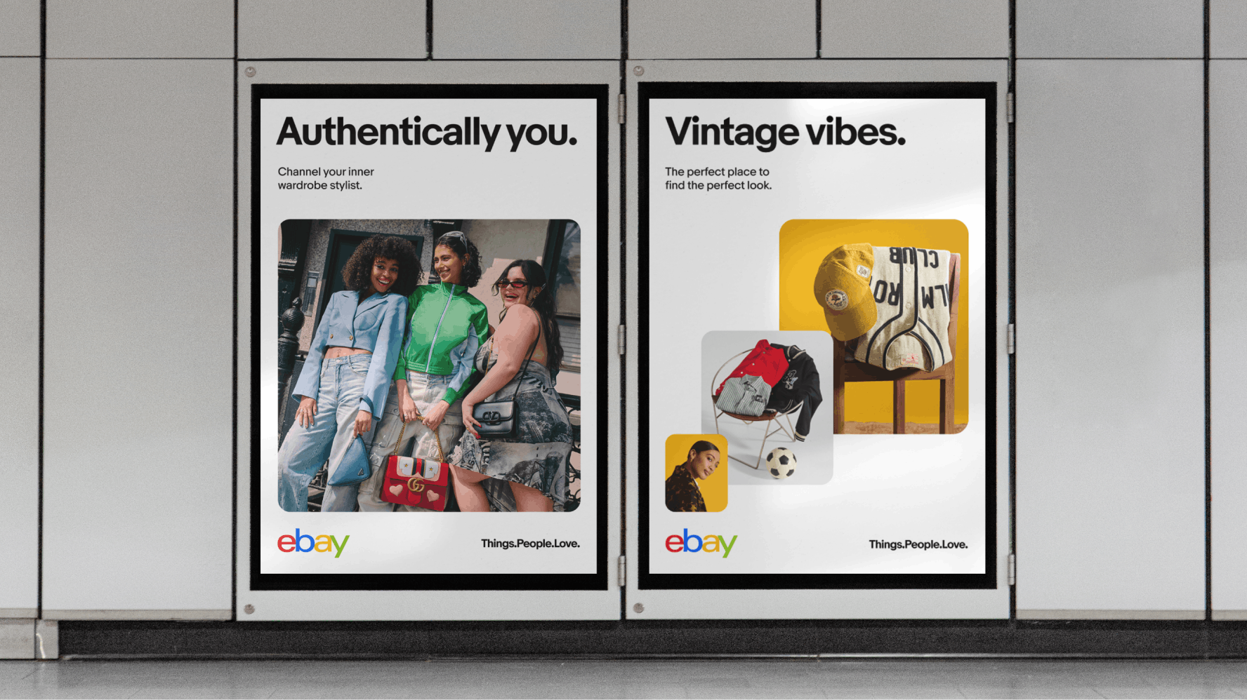 Two eBay out-of-home poster ads. Left: The headline and sub-copy sit on the top left corner of the ad in black, an image of a group of people smiling below the copy, with the 4-color eBay logo and tagline at the bottom of the ad, all placed on a white background. Right: The headline and sub-copy sit on the top left corner of the ad in black, a stack of 3 yellow-toned images sit below the copy, with the 4-color eBay logo and tagline at the bottom of the ad, all placed on a white background.