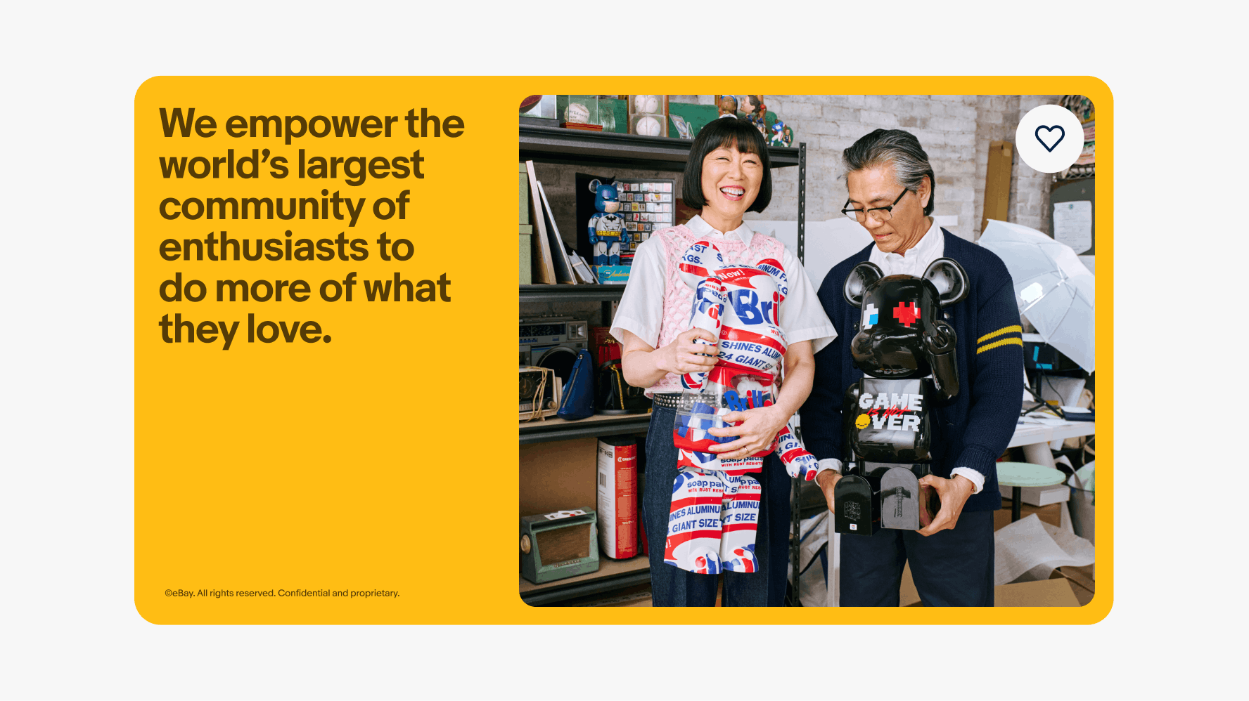 A yellow banner with dark brown text and iconography placed to the left of the banner. A colorful, complementary image of two people sits on the right of the banner.