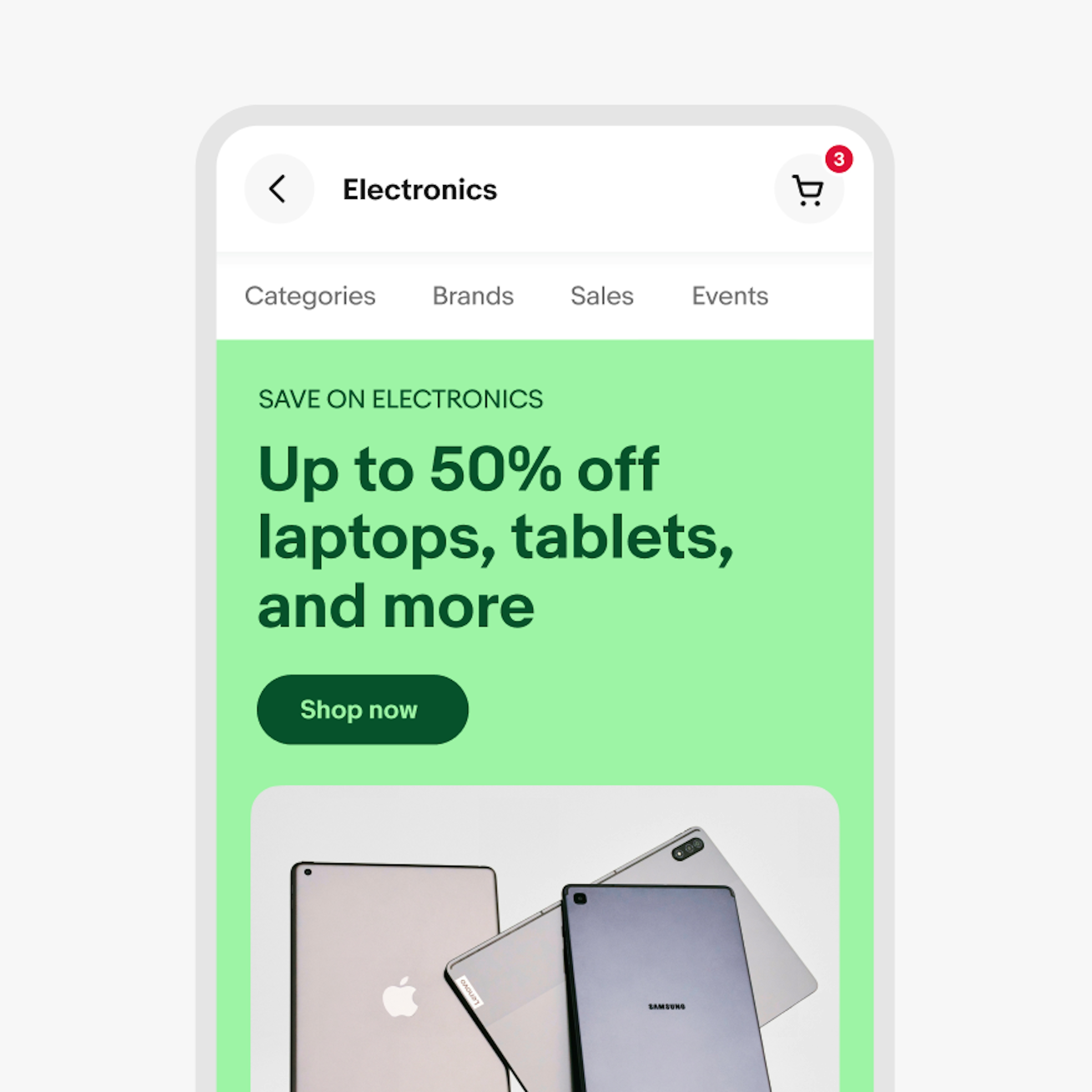 A closeup of the eBay app in light mode, with a light green banner with dark green text displaying various electronic tablets. 