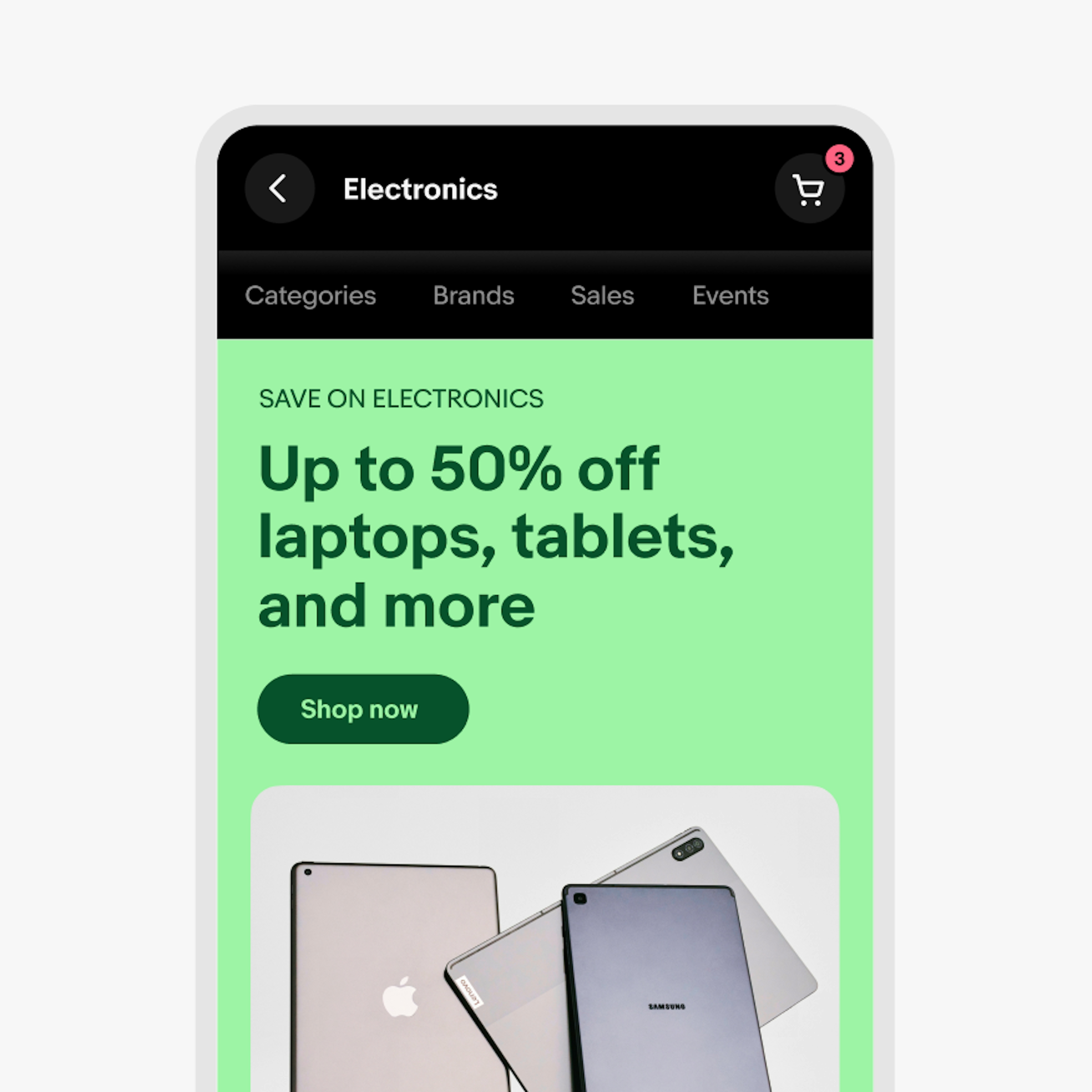 A closeup of the eBay app in dark mode, with a light green banner with dark green text displaying various electronic tablets. 