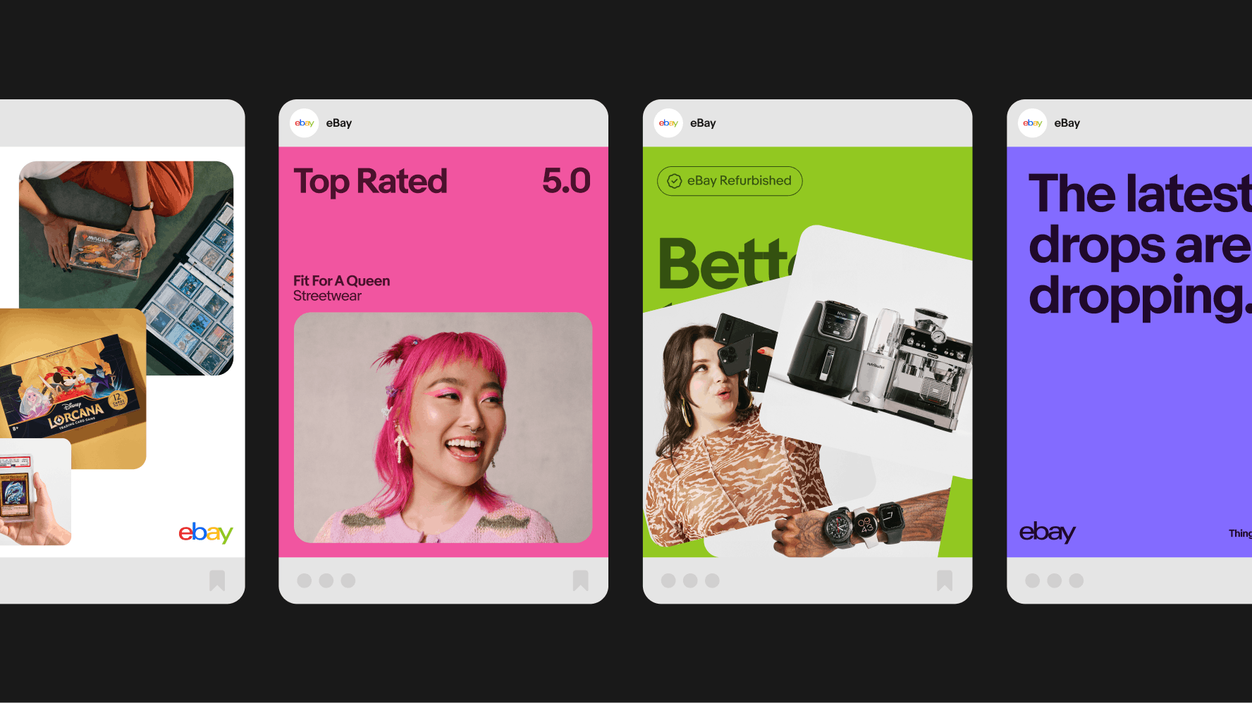 4 social post examples that show a range of Evo compositions highlighting top rated sellers, stacks, eBay refurbished and large text.