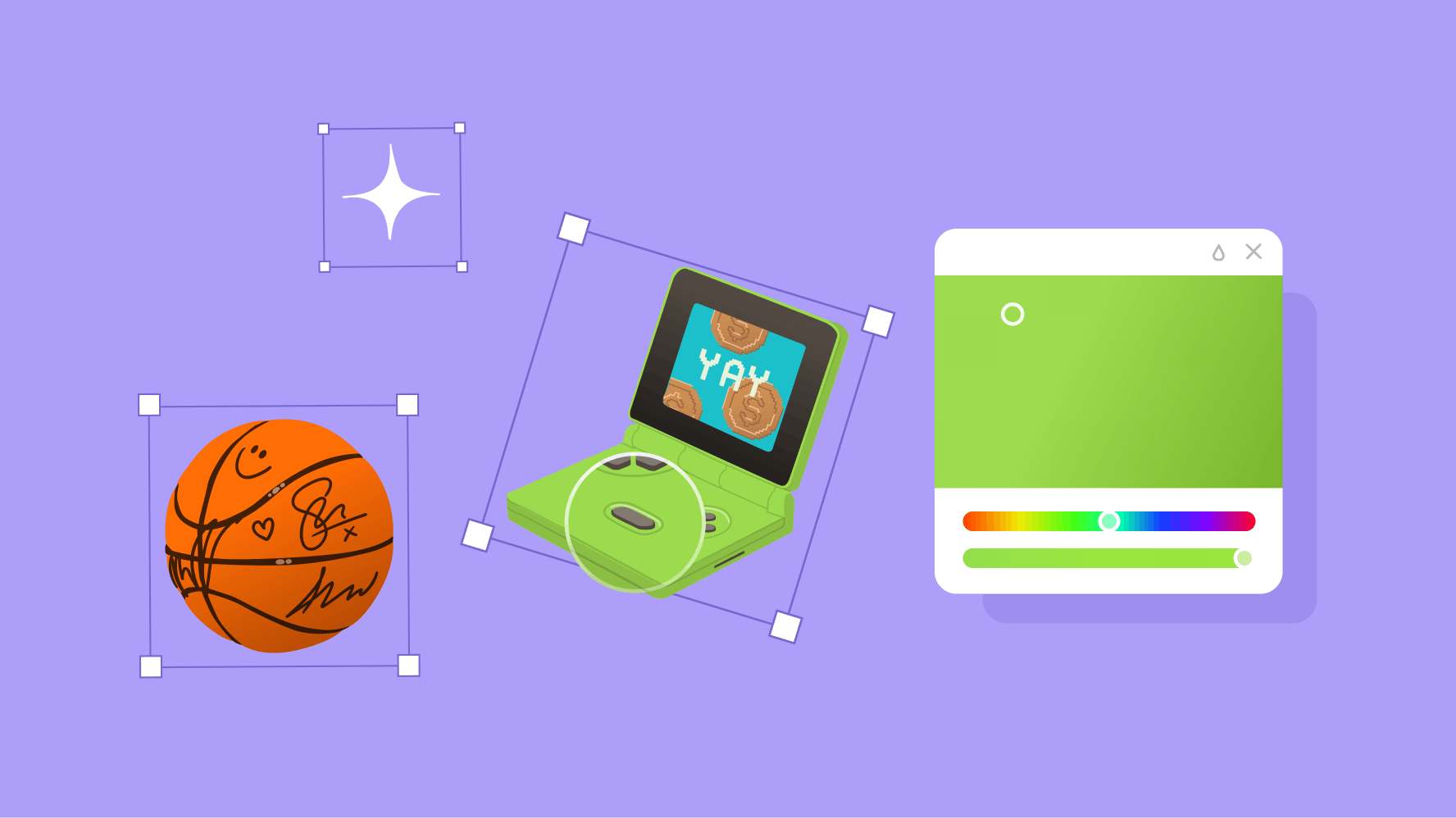 On the left there are illustrations of a basketball, an AI icon, and a handheld gaming device all surrounded by a purple outlined box signifying a selected state on a design application. The gaming device is green with the color magnified for emphasis. There is a color editor on the right showing the editable green style of the gaming device.