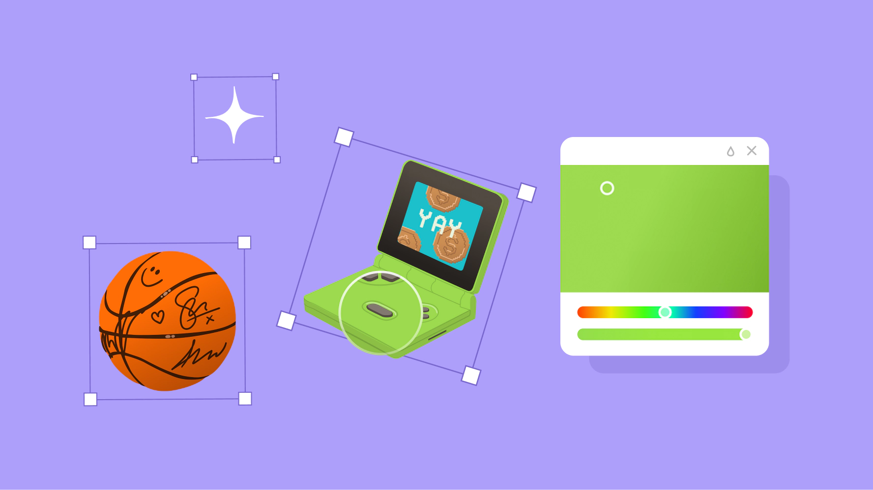 On the left there are illustrations of a basketball, an AI icon, and a handheld gaming device all surrounded by a purple outlined box signifying a selected state on a design application. The gaming device is green with the color magnified for emphasis. There is a color editor on the right showing the editable green style of the gaming device.