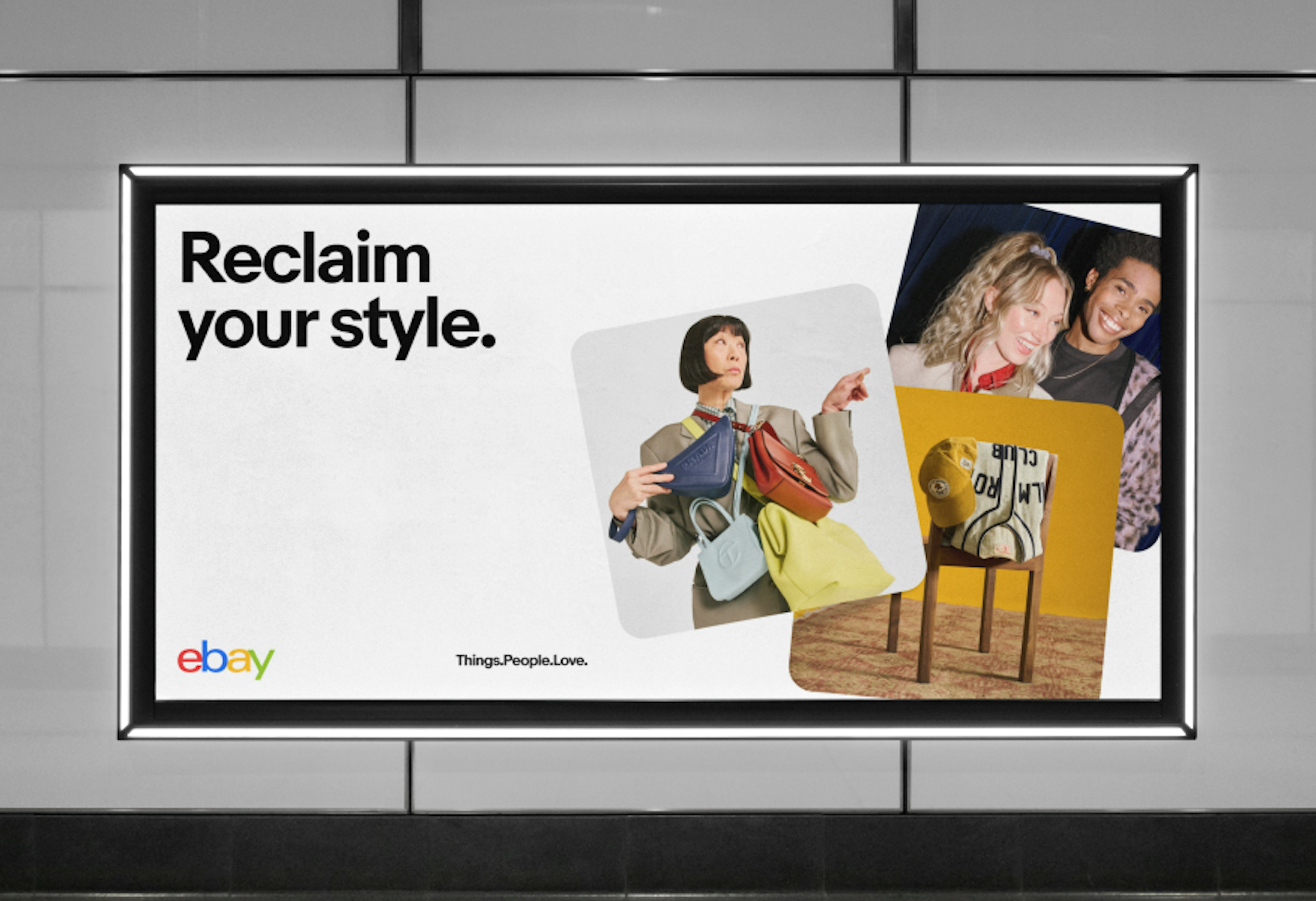 eBay OOH billboard with the eBay standard marketing color combinations, styles, and photography.