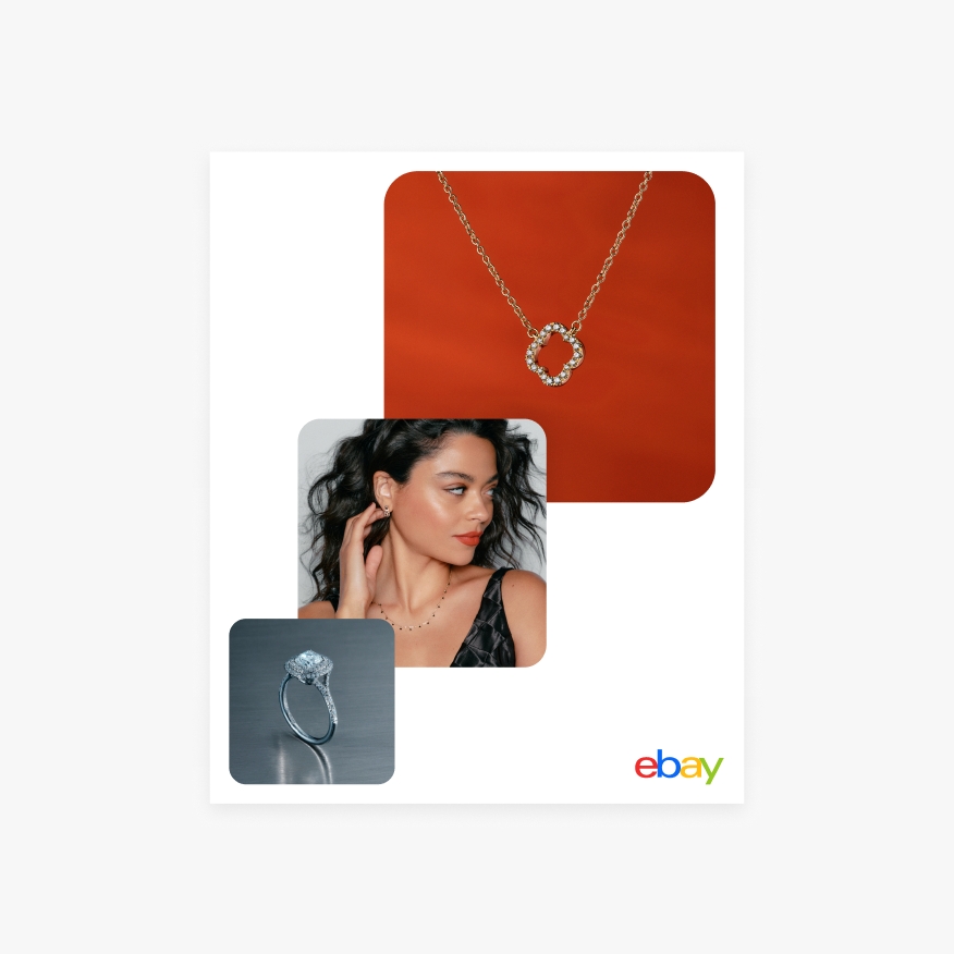 A stacked image layout including 3 images moving diagonally from bottom left to rop right.
The first image is cushion cut solitaire ring with a double pave halo. The second image is a woman in a black dress wearing a necklace. The third image is a pave clover pendant necklace on a red background. The eBay logo is in the bottom right corner of the layout.