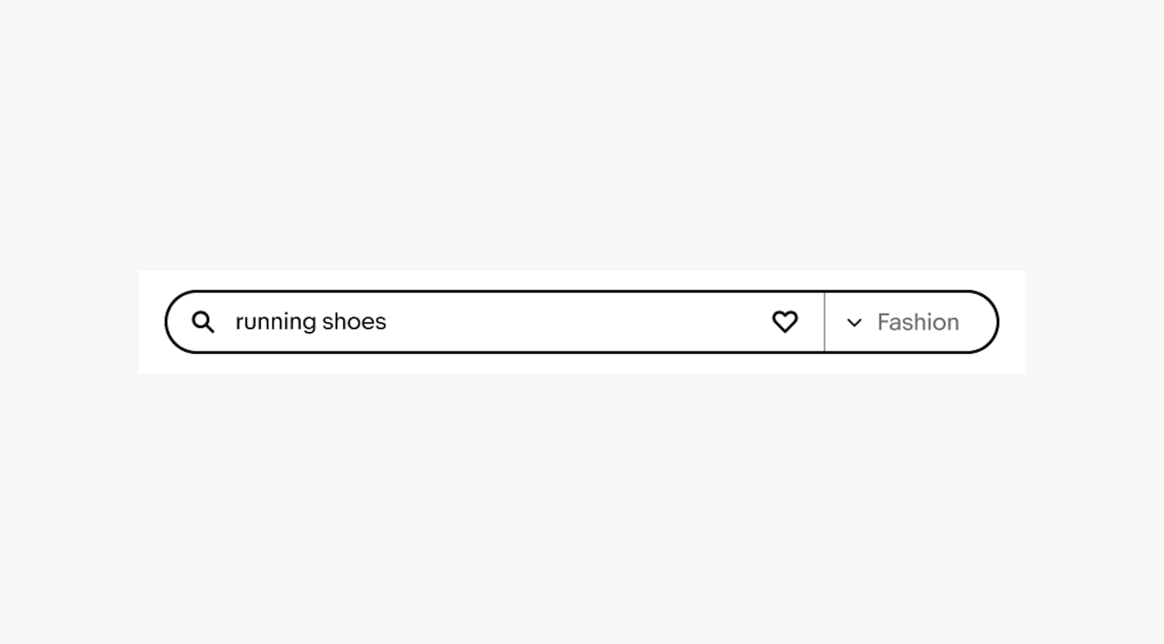 A large search bar with a category dropdown on the right side. The current selection is Fashion and the query is running shoes.