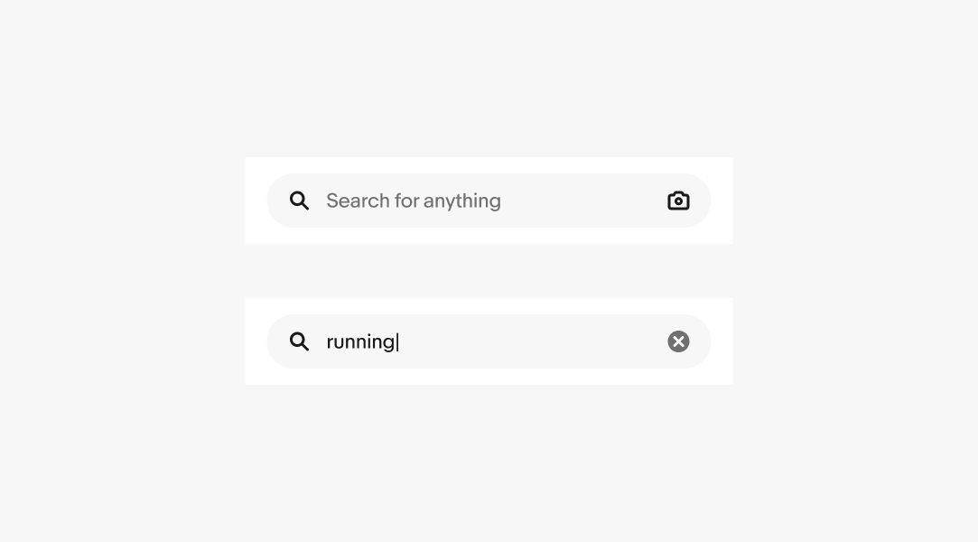 A small search bar with the placeholder text “Search for anything” with a camera icon on the right side. Another small search bar a query typing out. A clear icon appears on the right side.