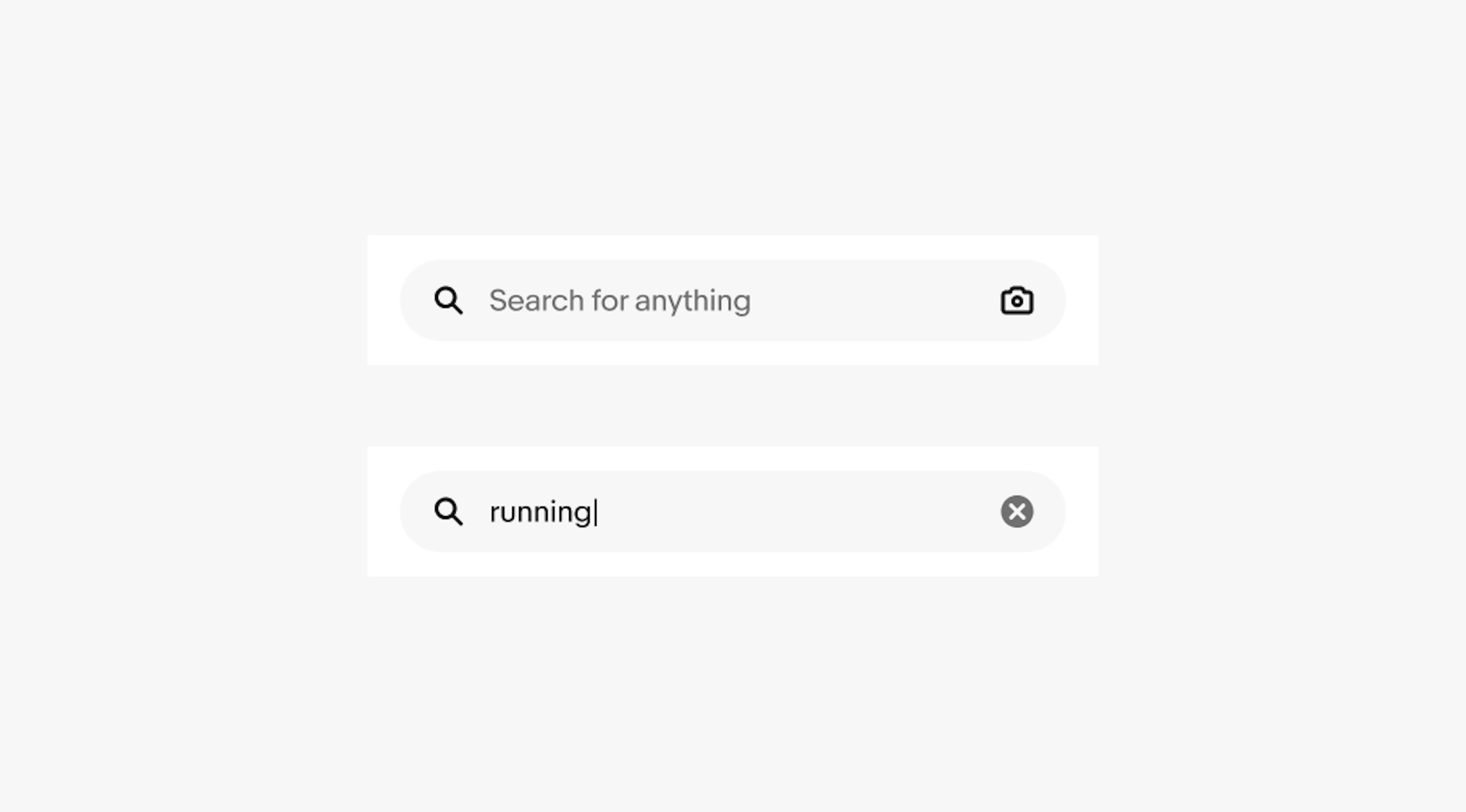 A small search bar with the placeholder text “Search for anything” with a camera icon on the right side. Another small search bar a query typing out. A clear icon appears on the right side.