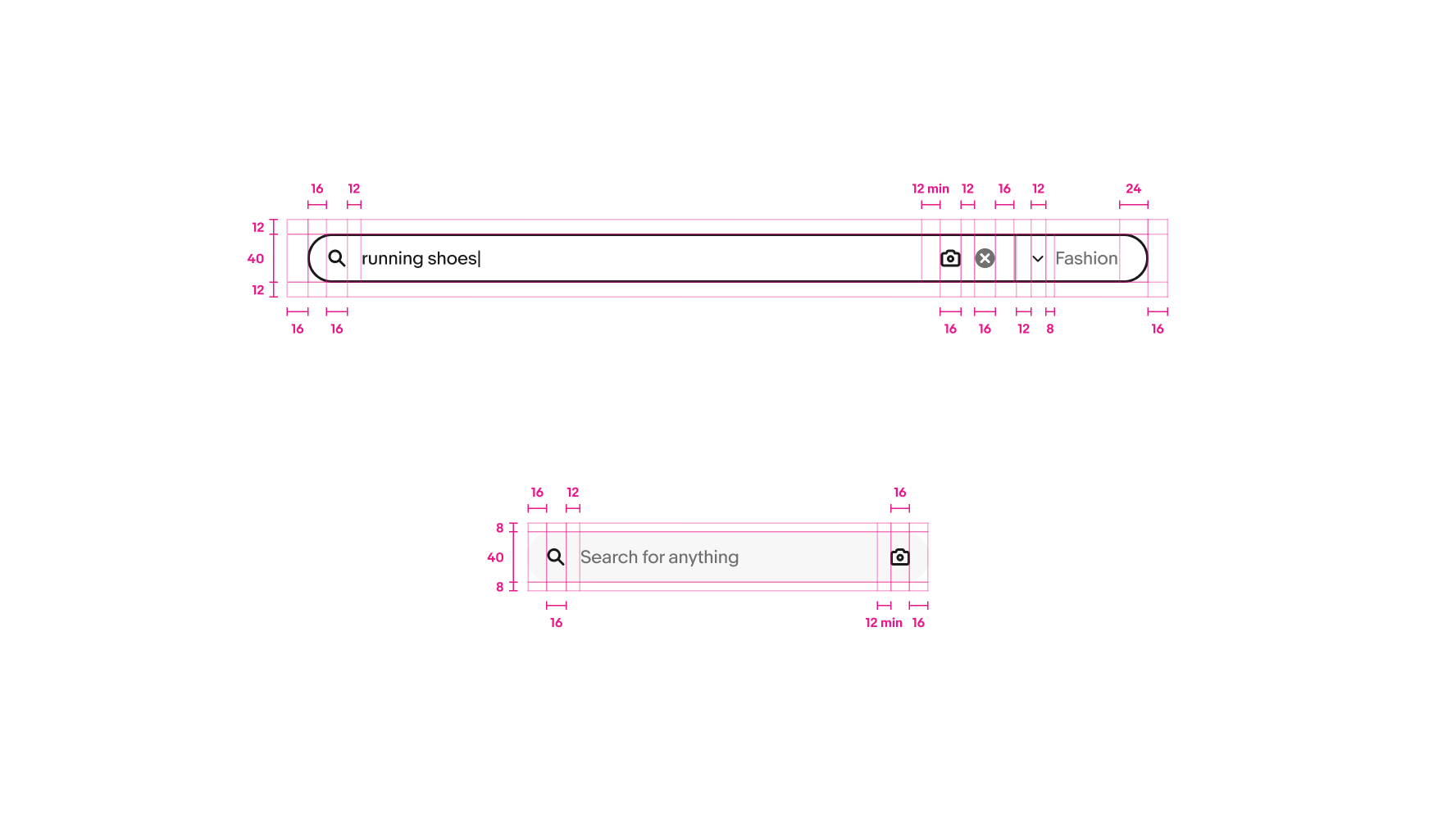 Specs for large and small search bars. The large bar is 40px tall with 16px on the left and 24px on the right. The leading icon is 16px with 12px between it and the query. There is a minimum of 12px between the query text and camera icon. The camera icon is 16px with 12px after it, followed by a 16px clear icon. 16px follows the clear icon with 12px between the divider line and a 12px chevron down icon. 8px is between the chevron and the category text. There is typically 16px on the left and right of the full search bar and 12px on the top and bottom. The small search bar matches the same specs but does not have the category and only has 16px on the right.